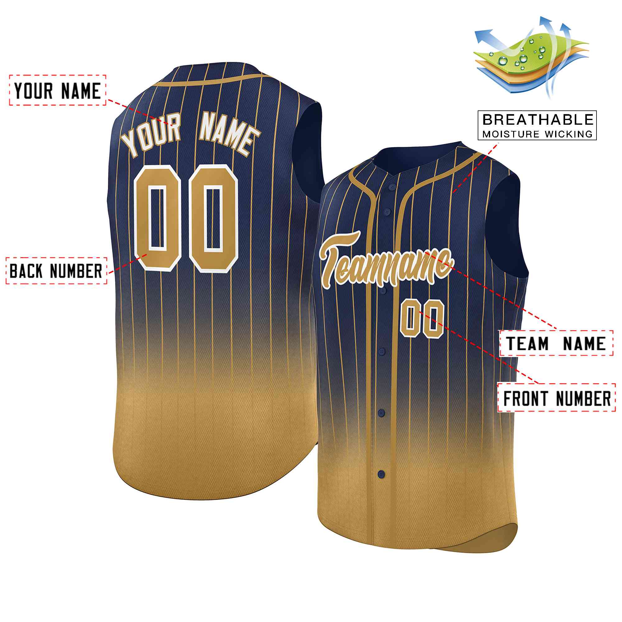 Custom Royal Old Gold Gradient stripe Fashion Authentic Sleeveless Baseball Jersey