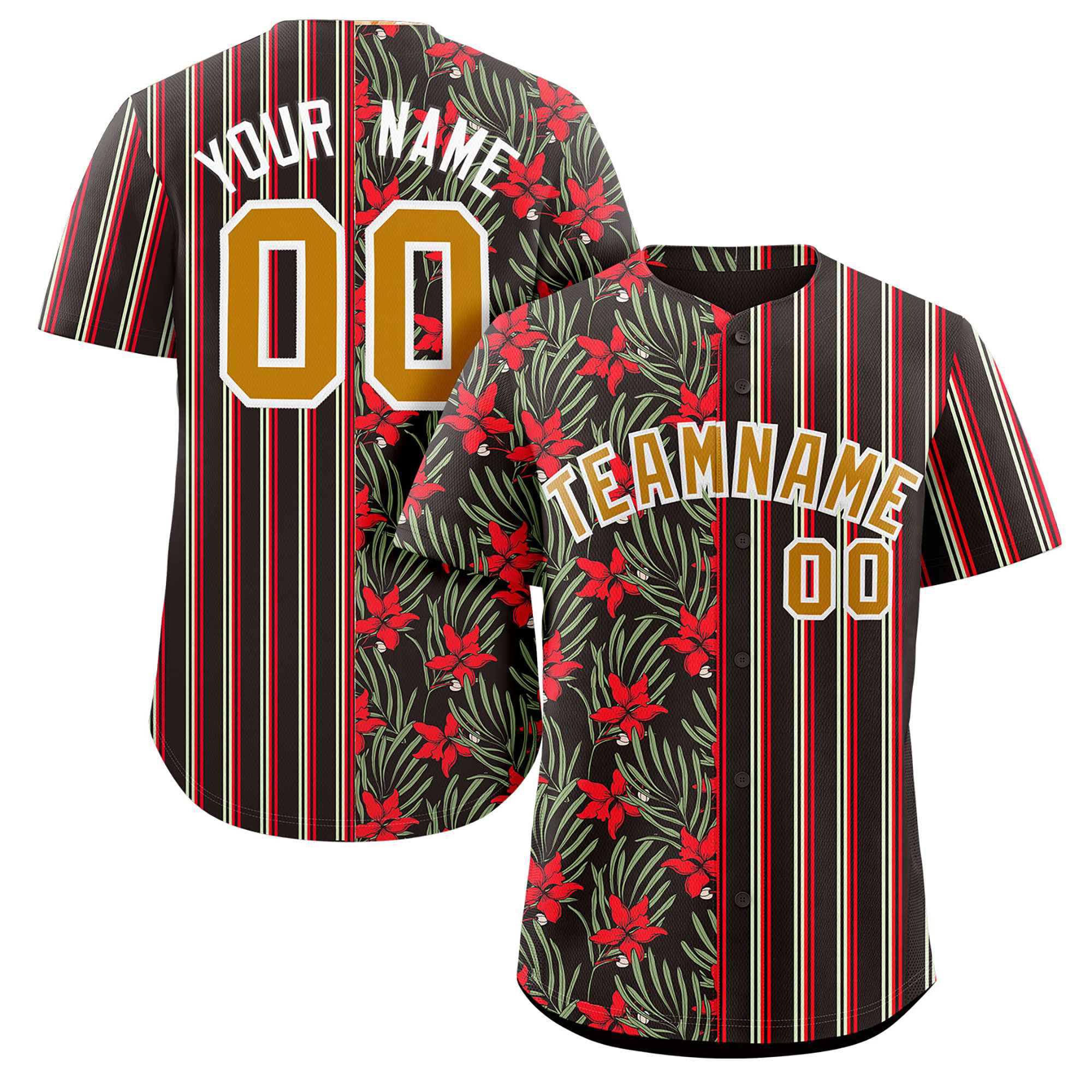 Custom Black Red-Old Gold Hawaii Tropical Flower Stripe Fashion Baseball Jersey