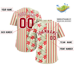Custom Khaki Red-Green Hawaii Tropical Flower Stripe Fashion Baseball Jersey