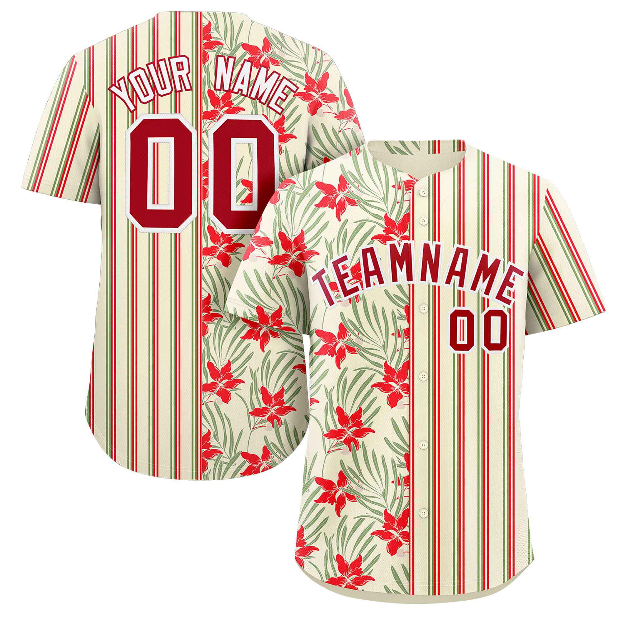 Custom Khaki Red-Green Hawaii Tropical Flower Stripe Fashion Baseball Jersey