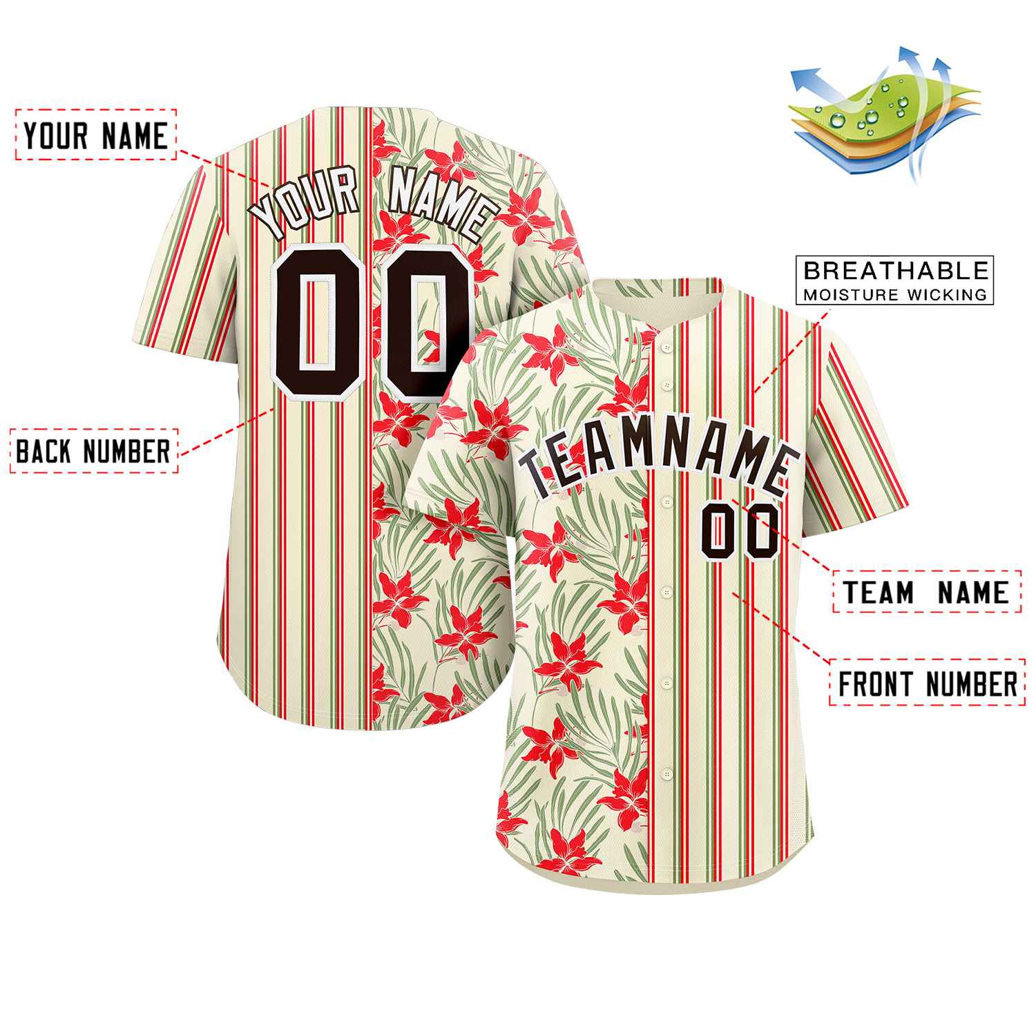 Custom Khaki Red-Green Hawaii Tropical Flower Stripe Fashion Baseball Jersey