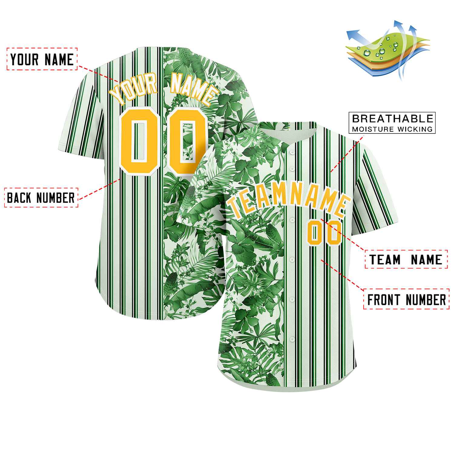 Custom Green Gold Hawaii Tropical Flower Stripe Fashion Baseball Jersey