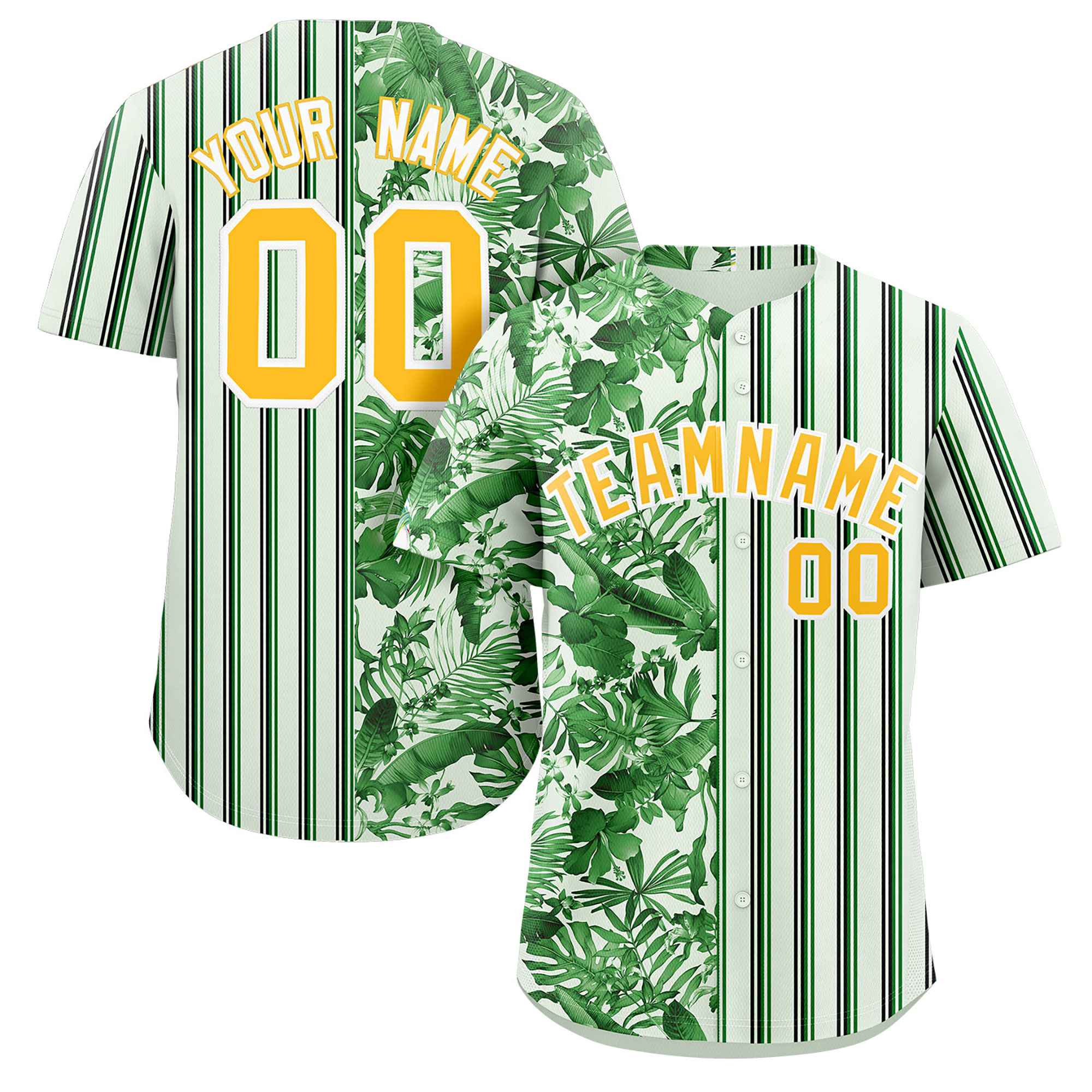 Custom Green Gold Hawaii Tropical Flower Stripe Fashion Baseball Jersey