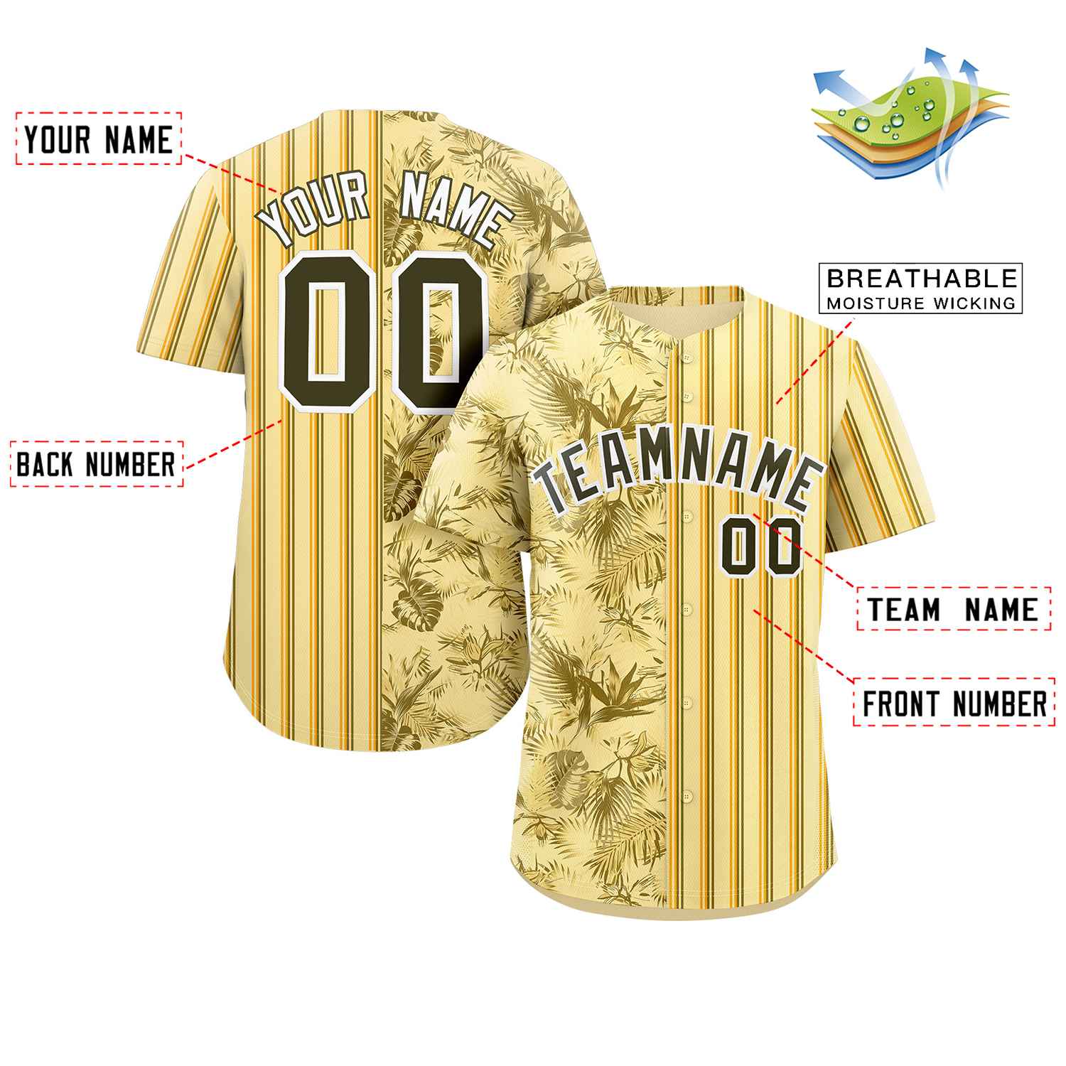 Custom Yellow Black Hawaii Tropical Flower Stripe Fashion Baseball Jersey