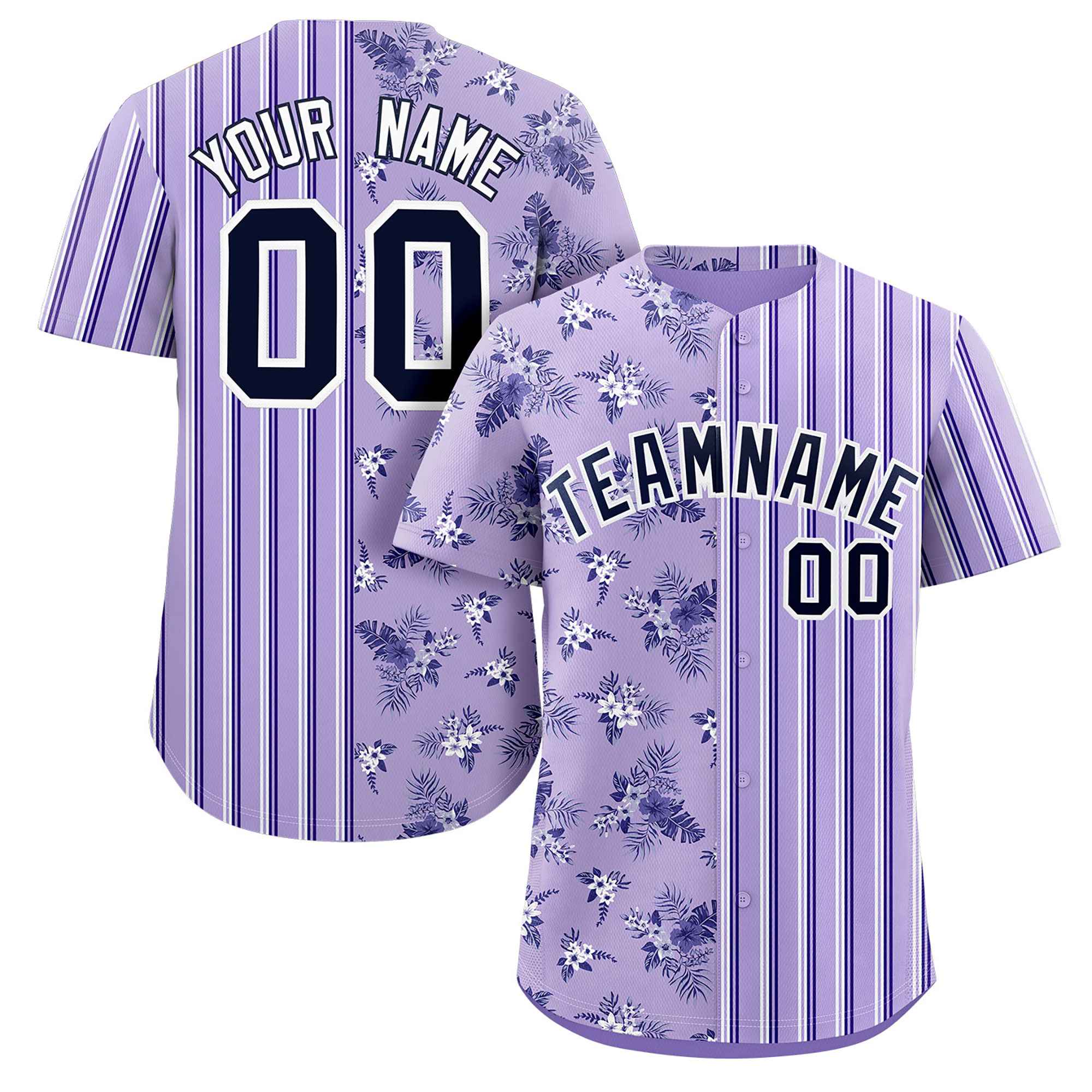 Custom Purple Black Hawaii Tropical Flower Stripe Fashion Baseball Jersey