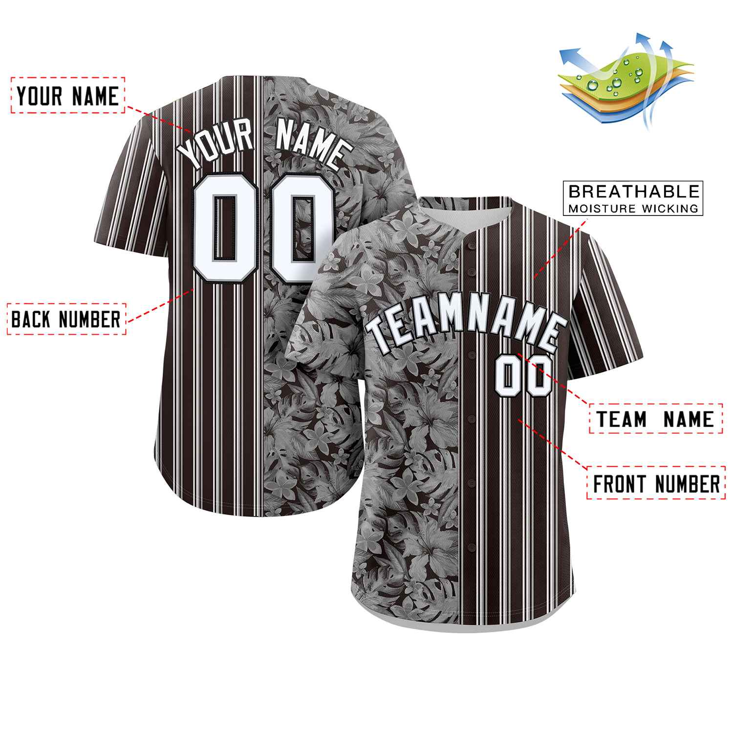 Custom Black White Gray Hawaii Tropical Flower Stripe Fashion Baseball Jersey