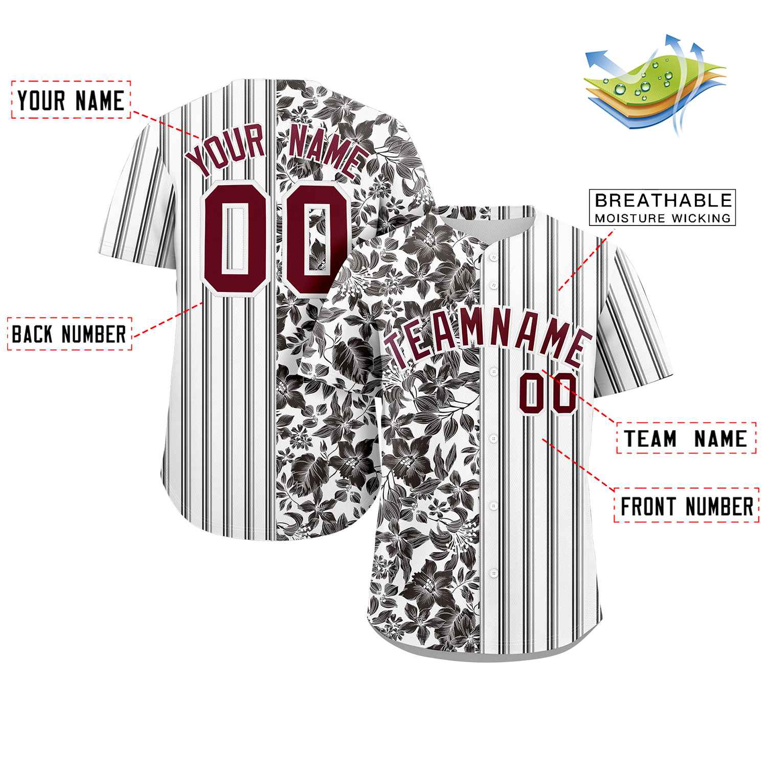 Custom White Black-Gray Hawaii Tropical Flower Stripe Fashion Baseball Jersey