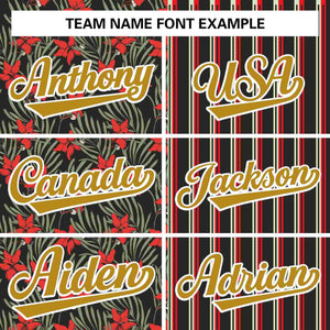 Custom Black Red-Old Gold Hawaii Tropical Flower Stripe Fashion Baseball Jersey