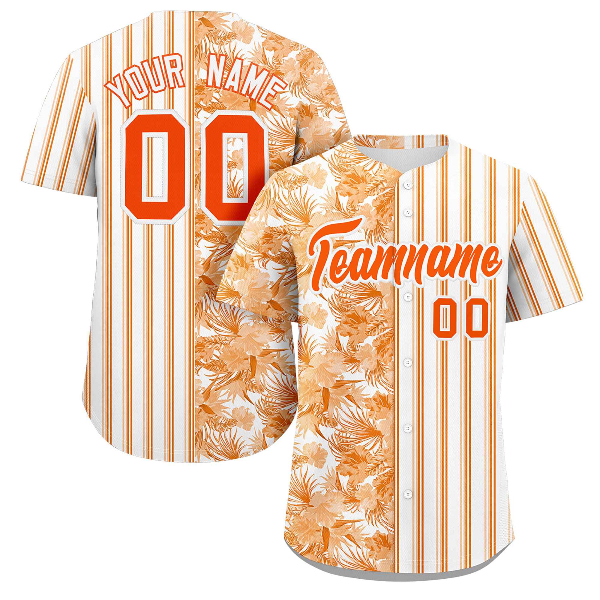 Custom White Orange Hawaii Tropical Flower Stripe Fashion Baseball Jersey