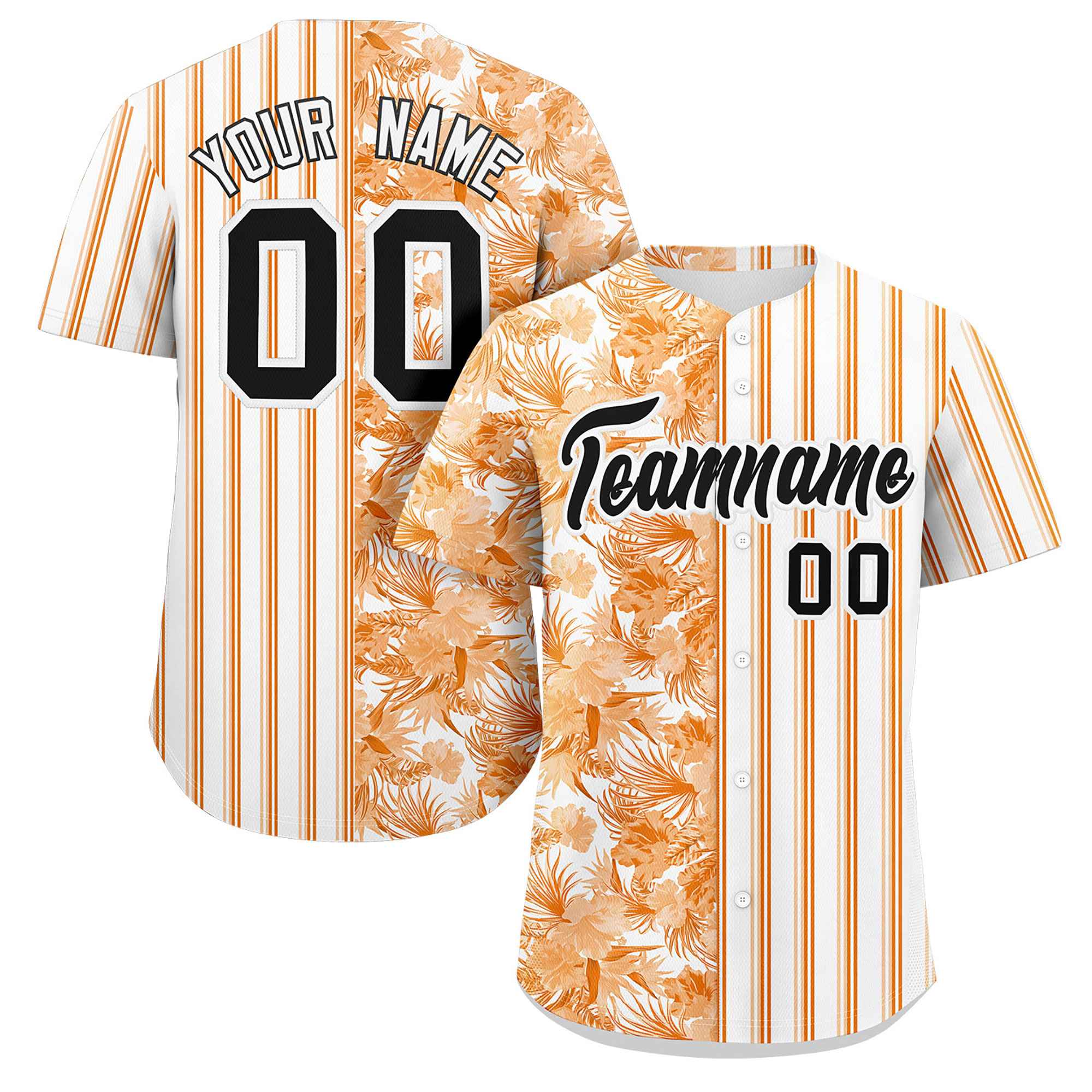 Custom Orange White-Black Hawaii Tropical Flower Stripe Fashion Baseball Jersey