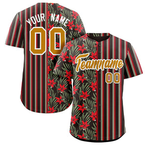Custom Black Red-Old Gold Hawaii Tropical Flower Stripe Fashion Baseball Jersey