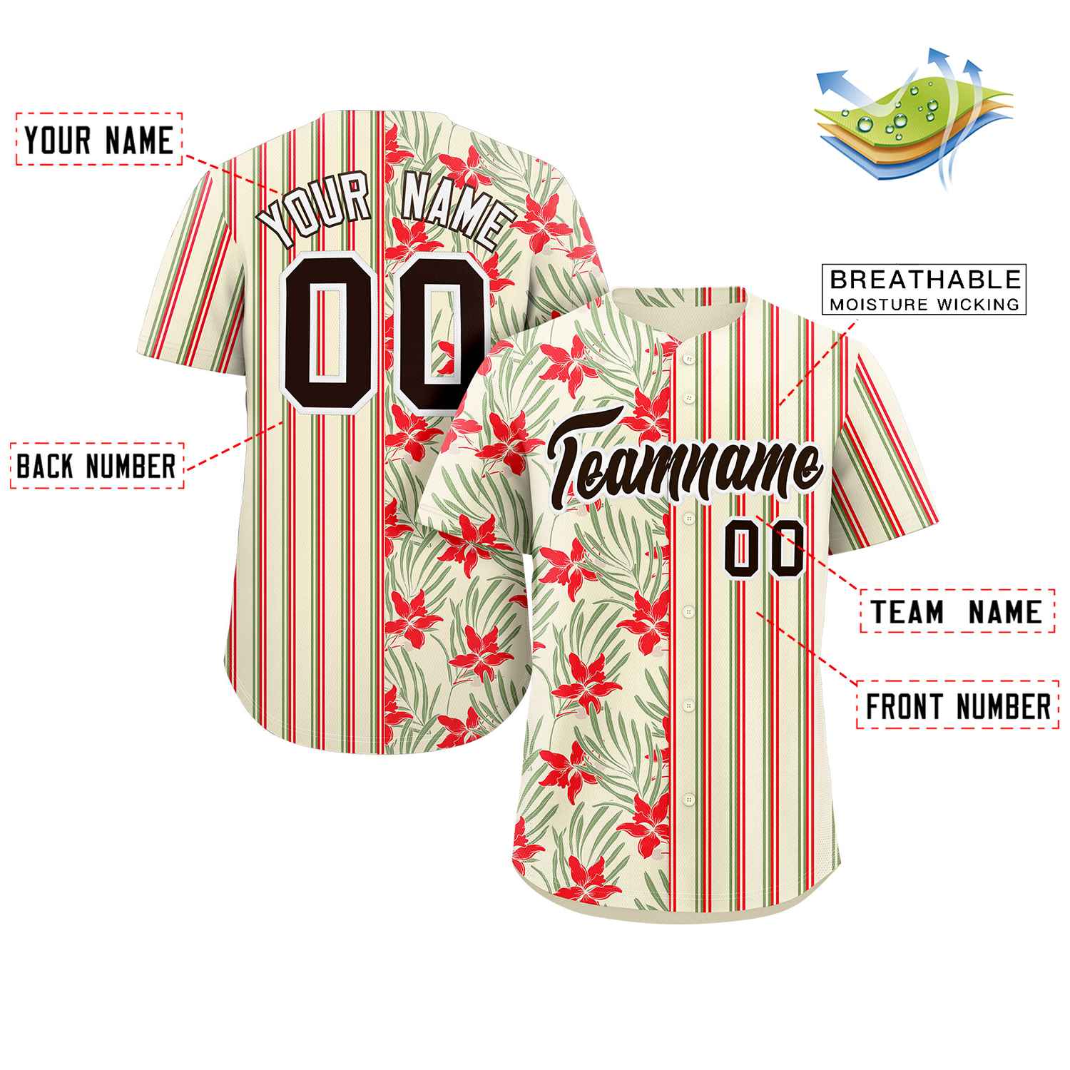 Custom Khaki Red-Green Hawaii Tropical Flower Stripe Fashion Baseball Jersey