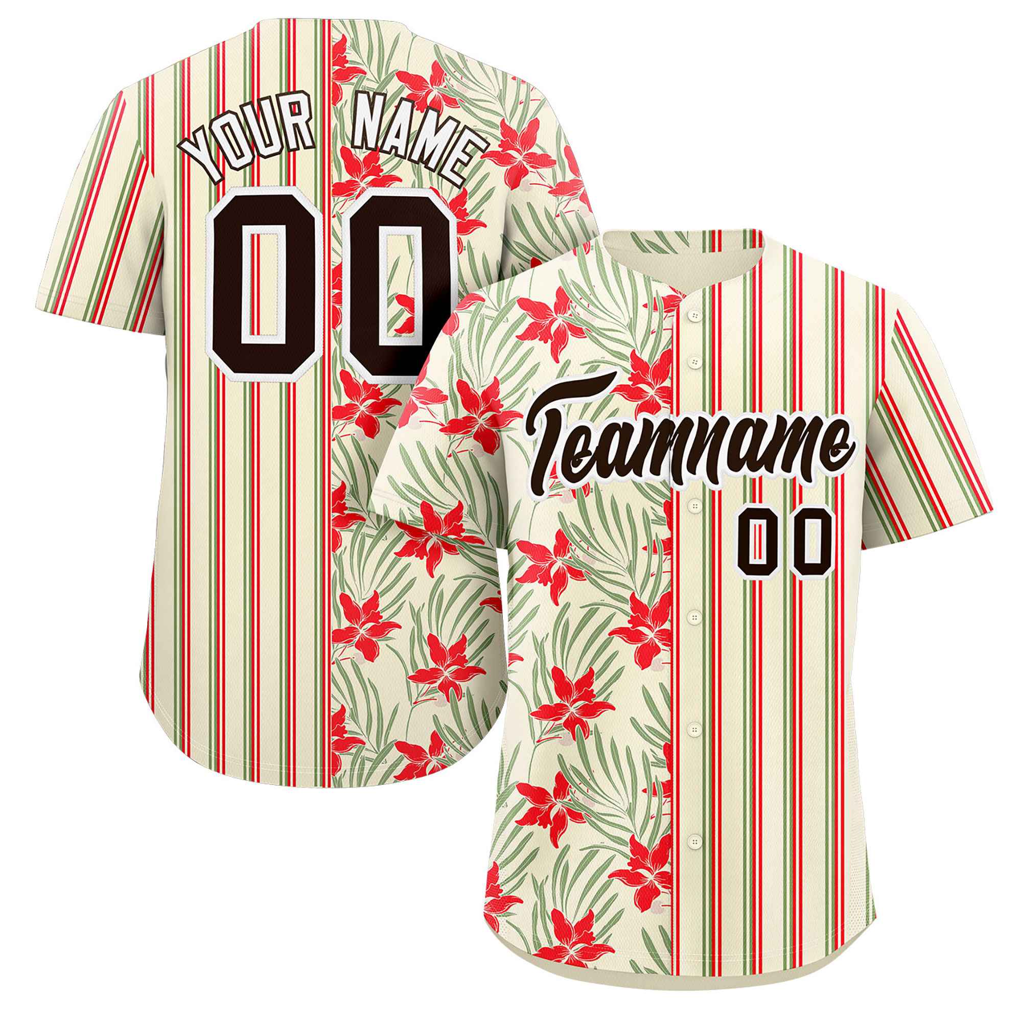 Custom Khaki Red-Green Hawaii Tropical Flower Stripe Fashion Baseball Jersey