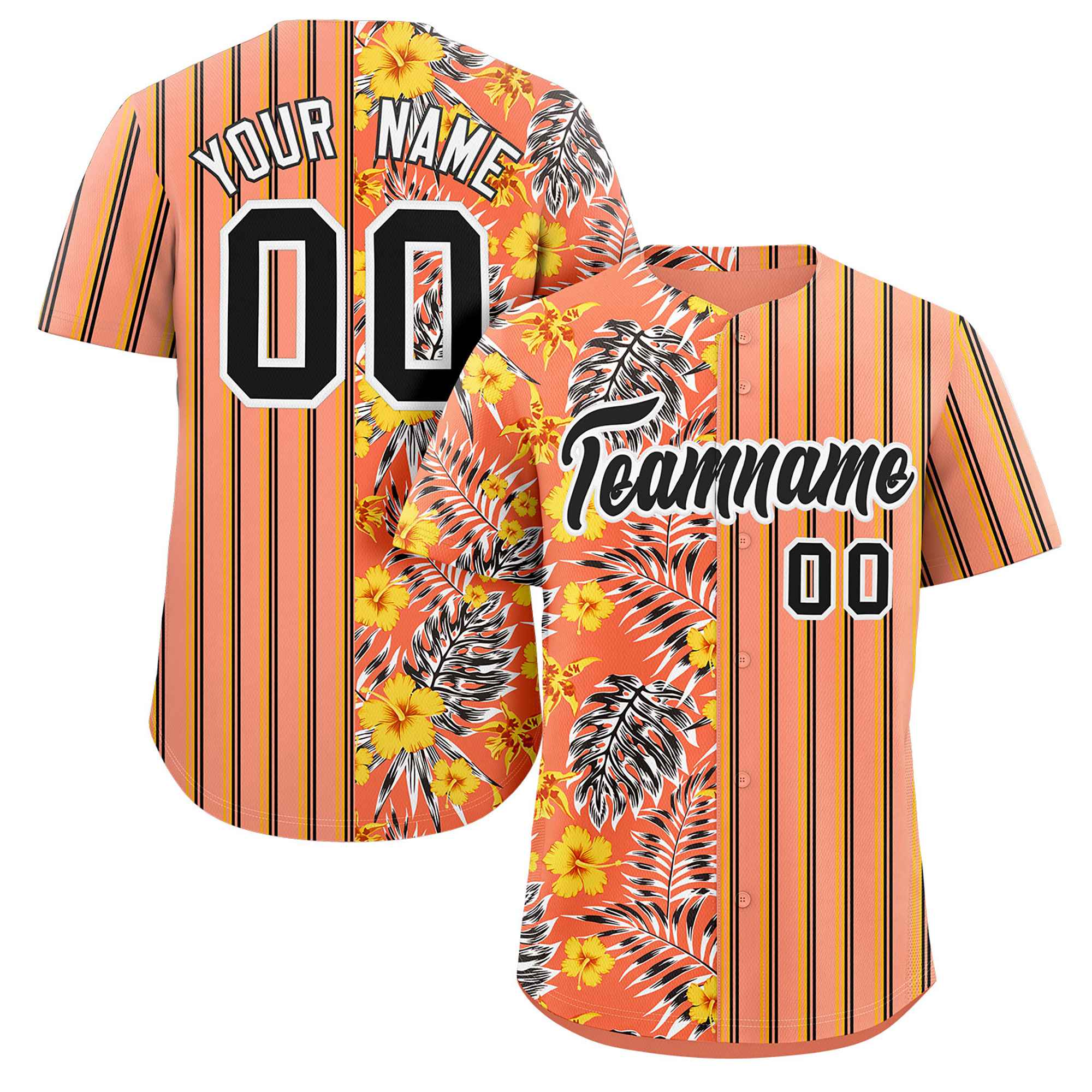 Custom Orange Black Hawaii Tropical Flower Stripe Fashion Baseball Jersey