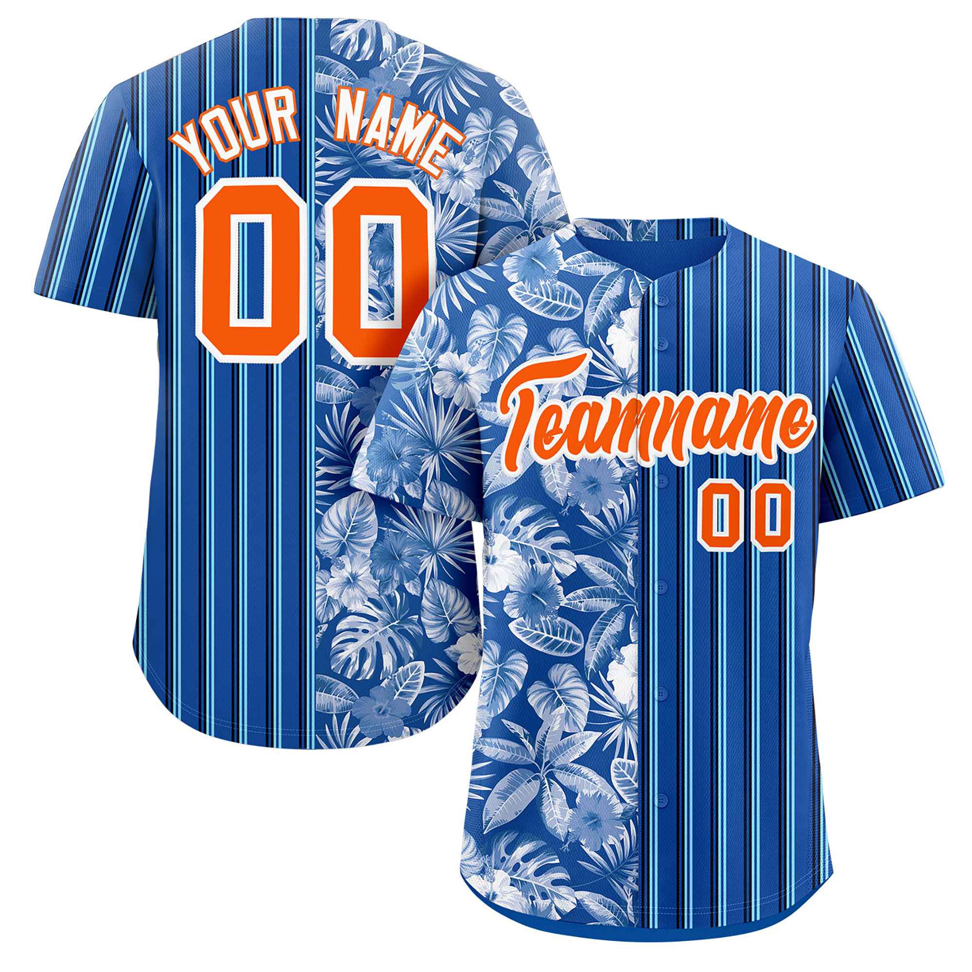 Custom Royal Orange Hawaii Tropical Flower Stripe Fashion Baseball Jersey