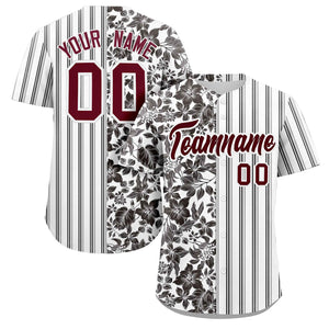 Custom White Black-Gray Hawaii Tropical Flower Stripe Fashion Baseball Jersey