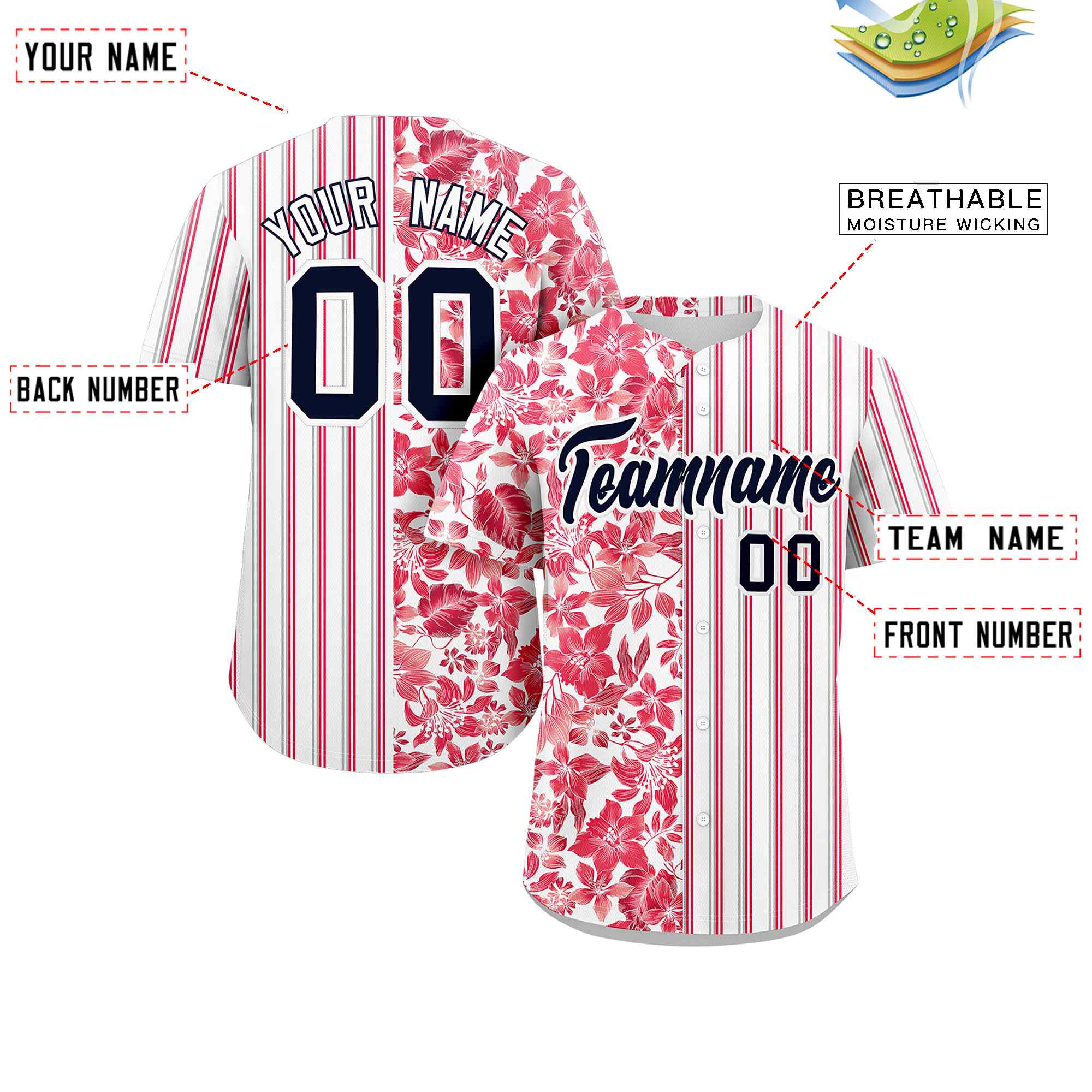 Custom White Red-Gray Hawaii Tropical Flower Stripe Fashion Baseball Jersey