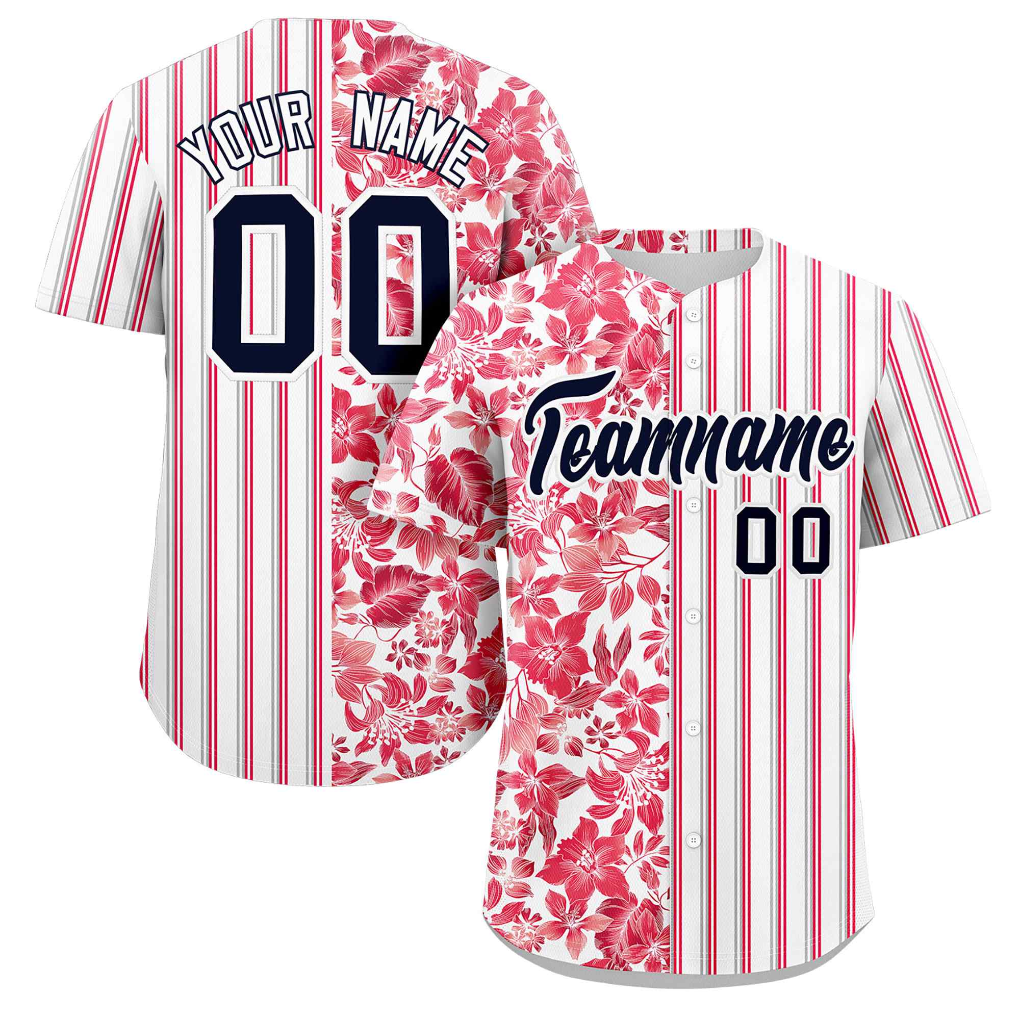 Custom White Red-Gray Hawaii Tropical Flower Stripe Fashion Baseball Jersey