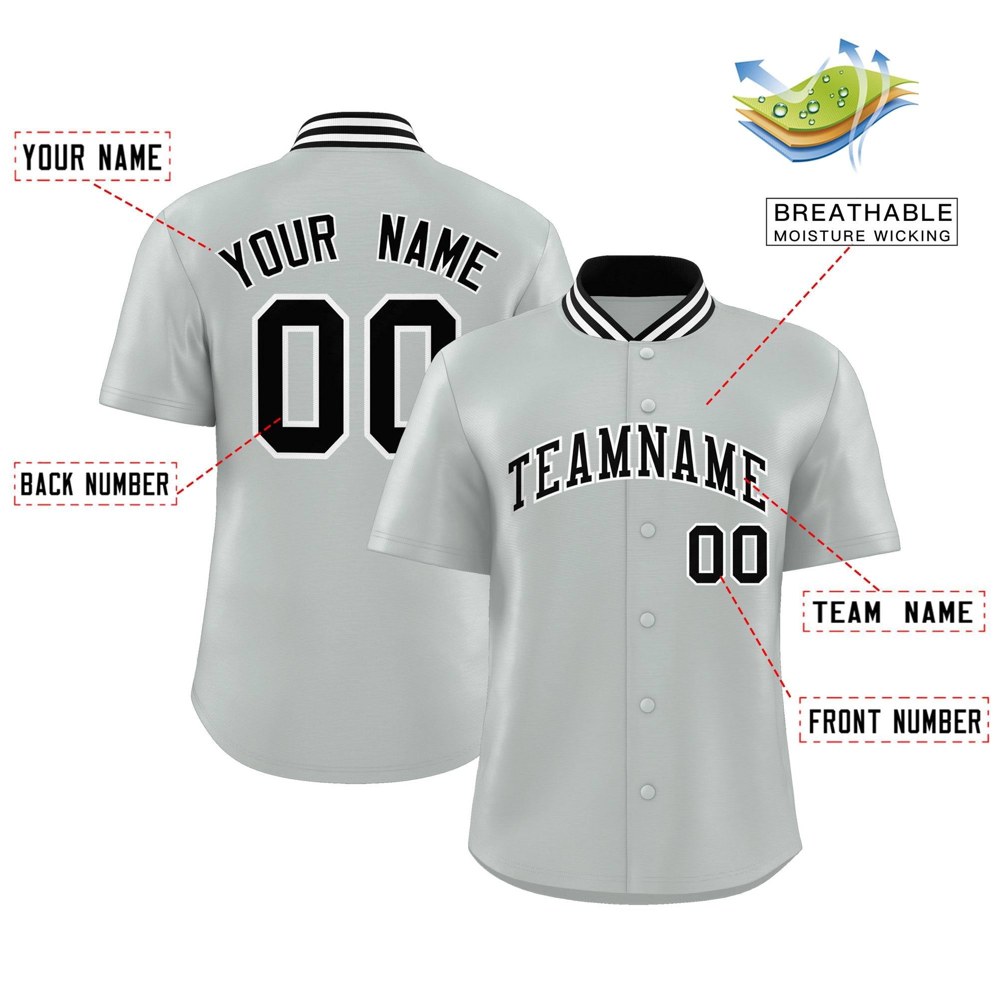 Custom Silver Classic Style Authentic Stand Collar Baseball Jersey