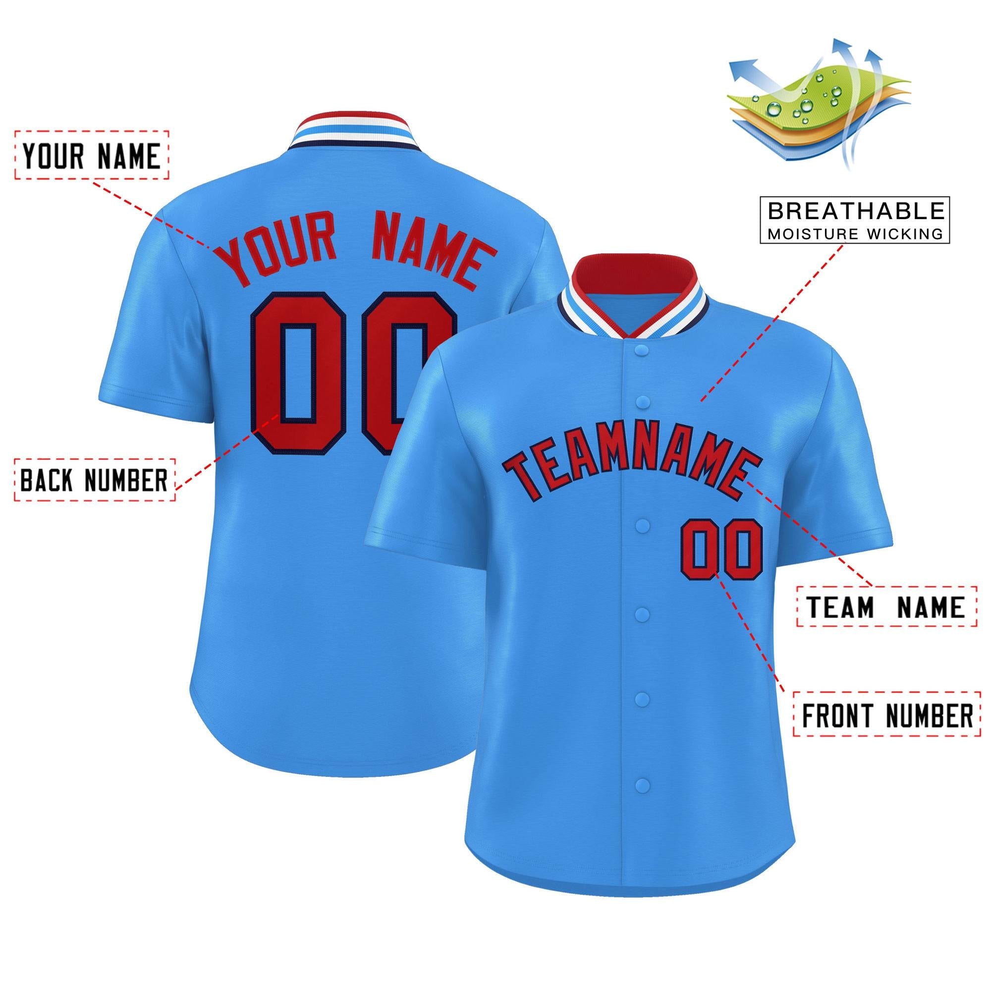 Custom Powder Blue Classic Style Authentic Stand Collar Baseball Jersey