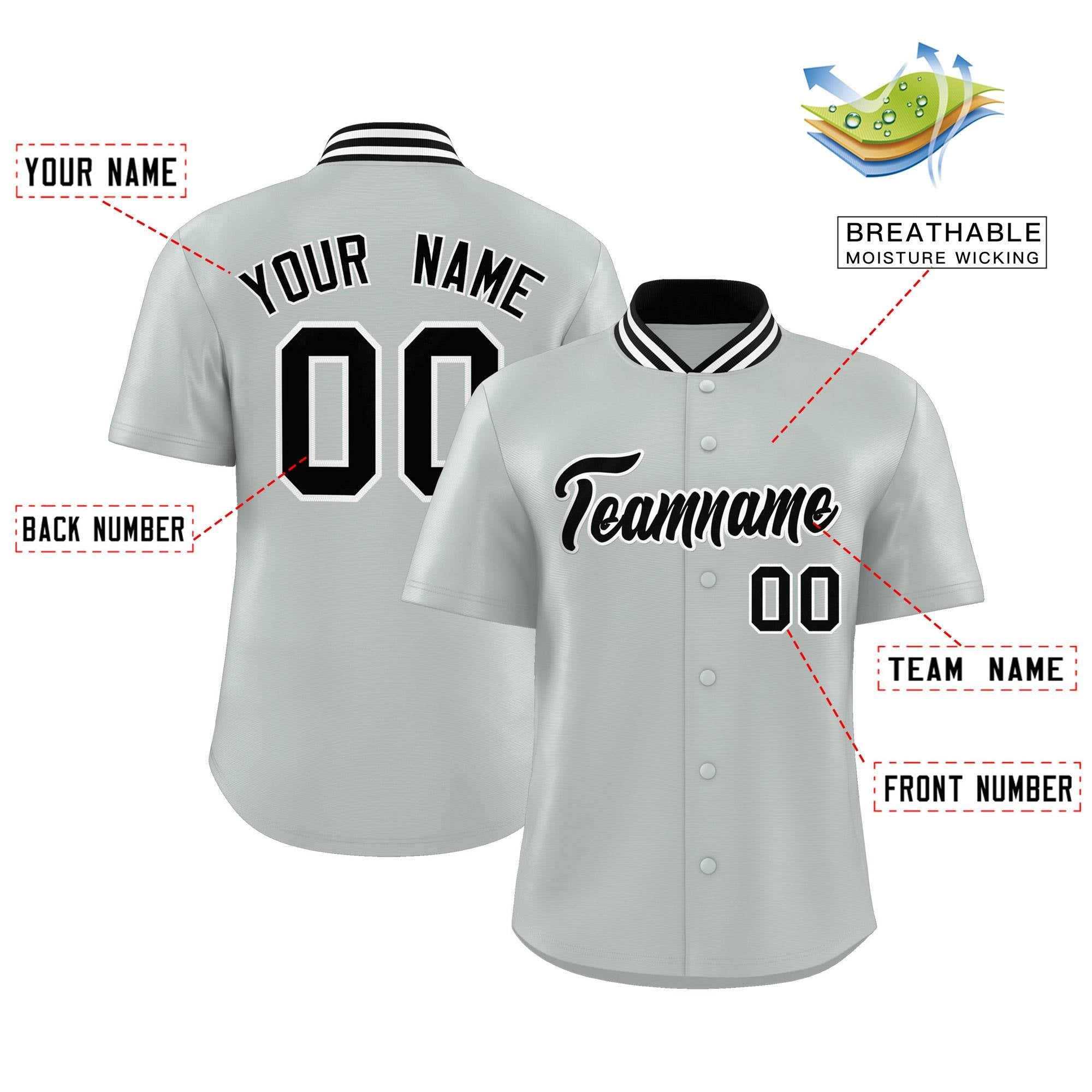 Custom Silver Classic Style Authentic Stand Collar Baseball Jersey