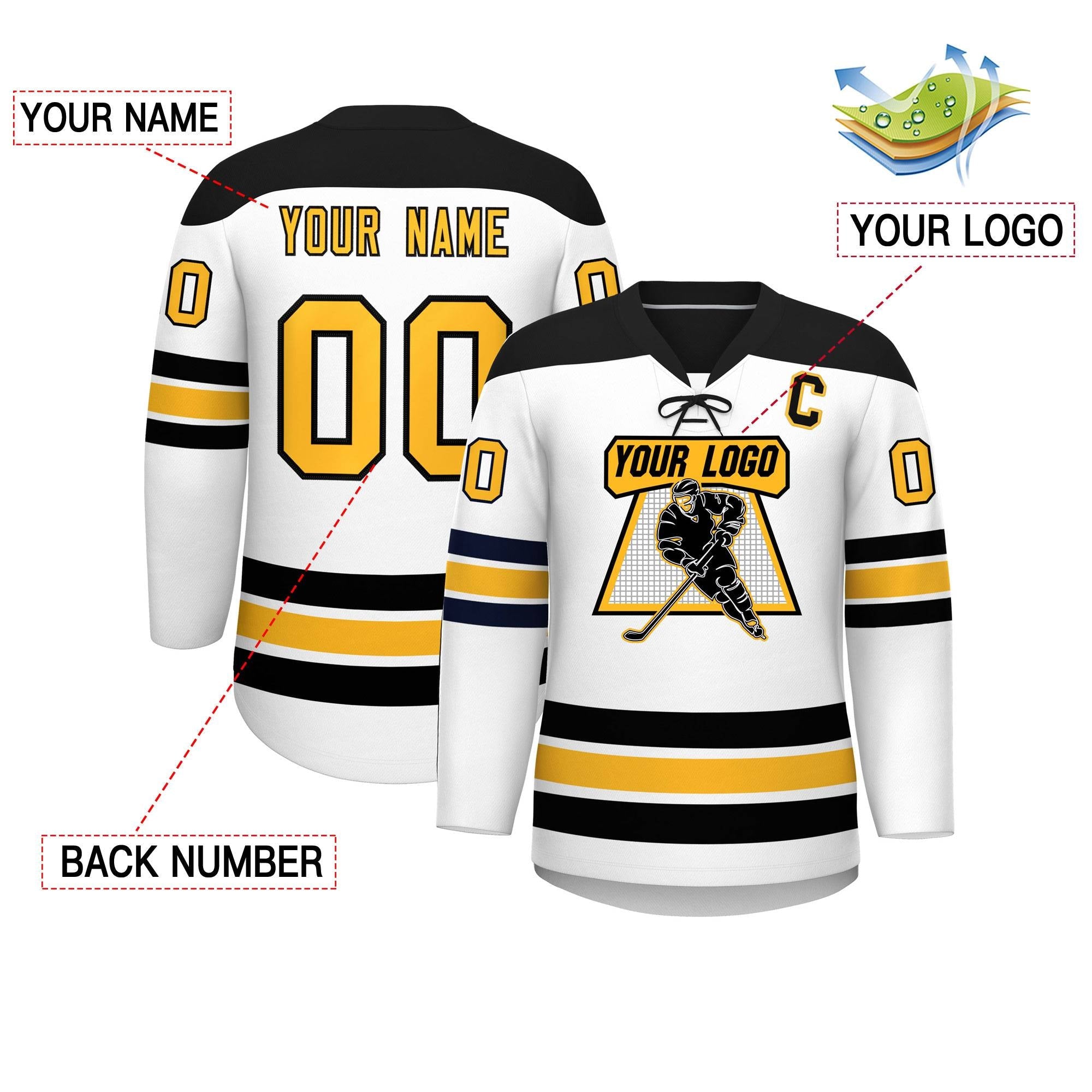 Custom White Black Gold Personalized Classic Lace-Up Neck Hockey Jersey