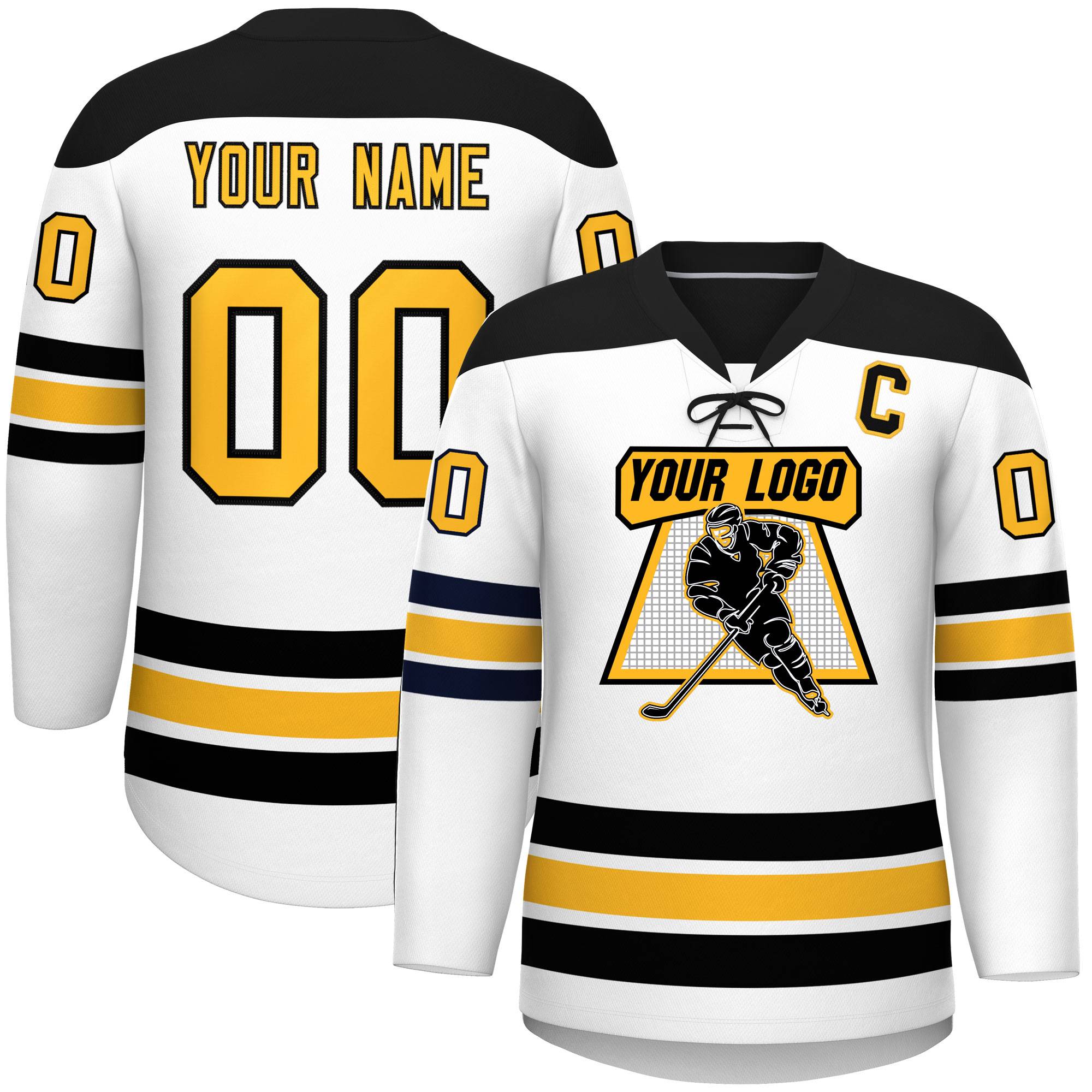 Custom White Black Gold Personalized Classic Lace-Up Neck Hockey Jersey