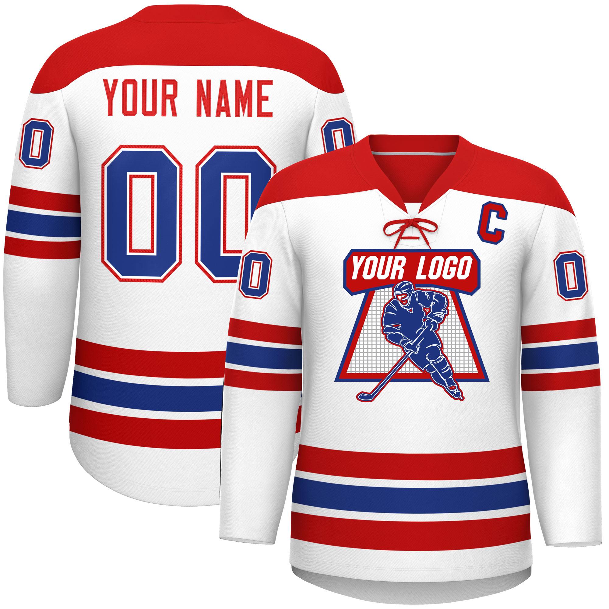 Custom White Red Royal Personalized Classic Lace-Up Neck Hockey Jersey