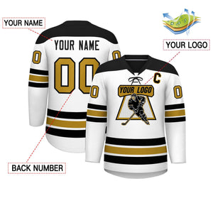 Custom White Black Old Gold Personalized Classic Lace-Up Neck Hockey Jersey