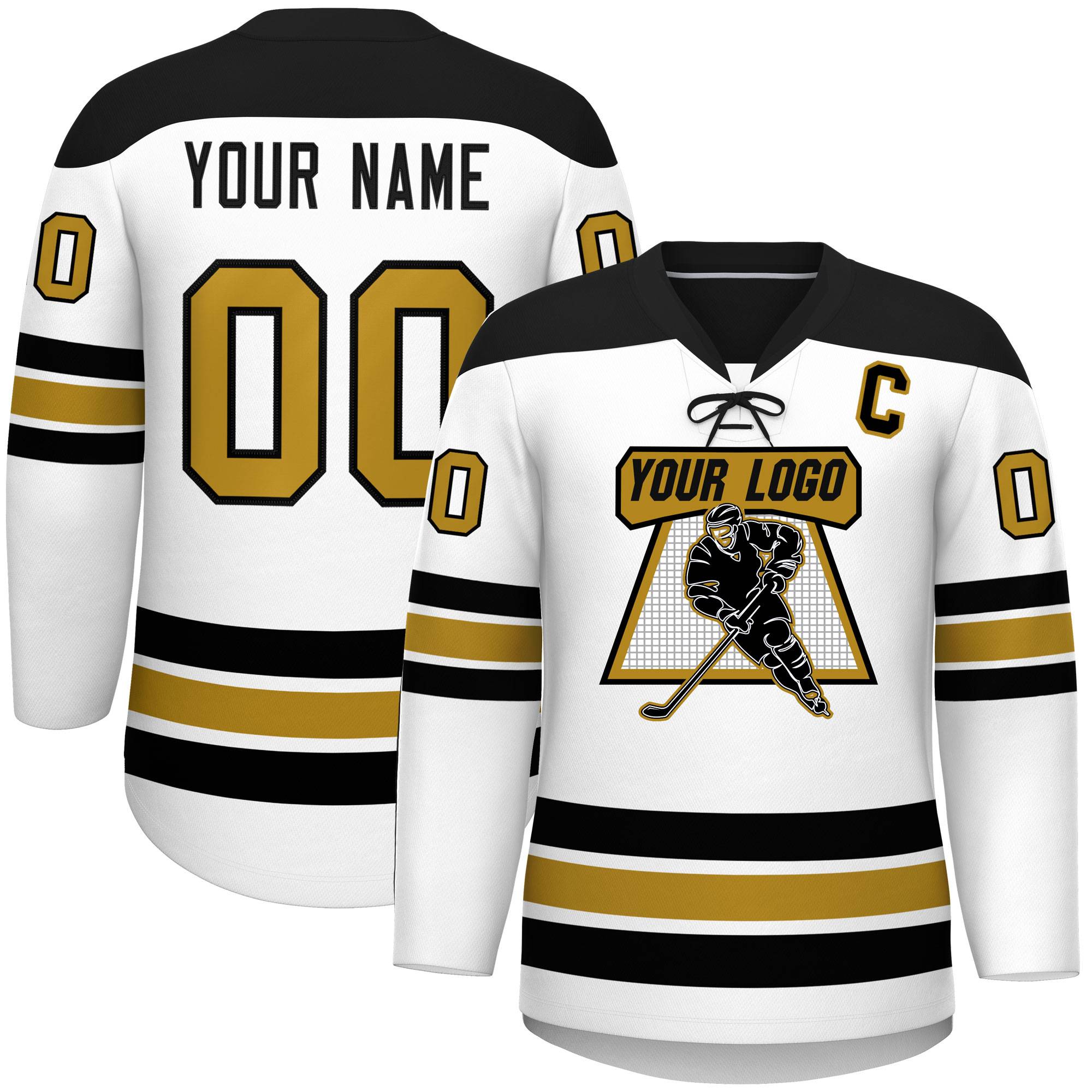 Custom White Black Old Gold Personalized Classic Lace-Up Neck Hockey Jersey