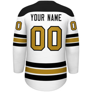 Custom White Black Old Gold Personalized Classic Lace-Up Neck Hockey Jersey