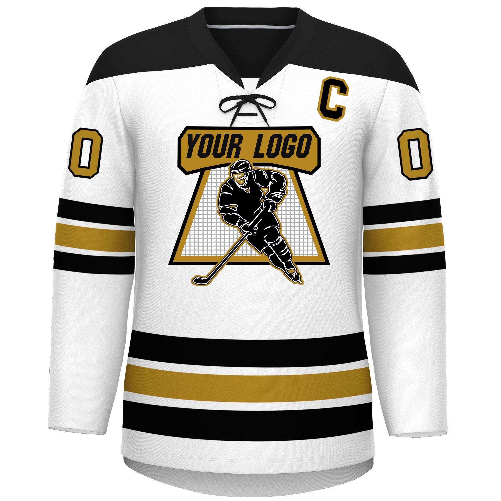 Custom White Black Old Gold Personalized Classic Lace-Up Neck Hockey Jersey