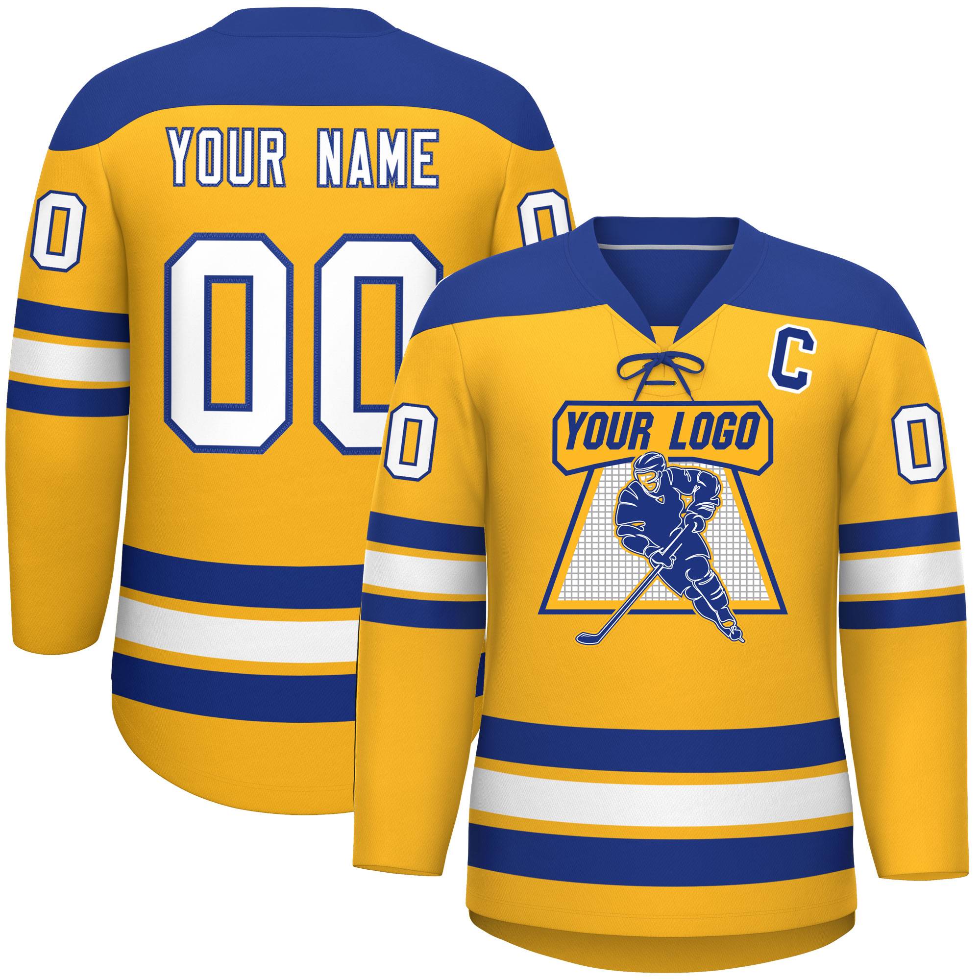 Custom Gold Royal White Personalized Classic Lace-Up Neck Hockey Jersey