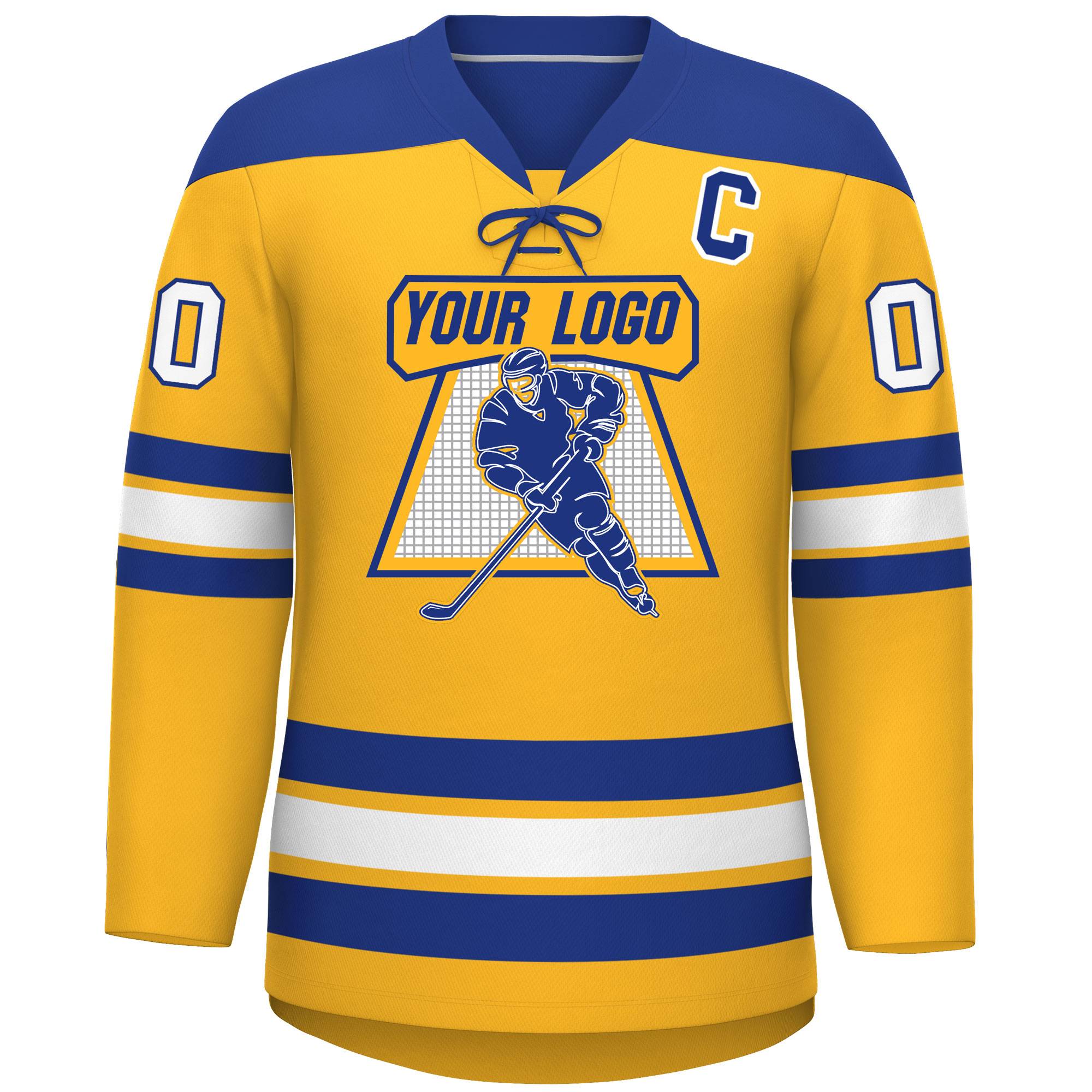 Custom Gold Royal White Personalized Classic Lace-Up Neck Hockey Jersey