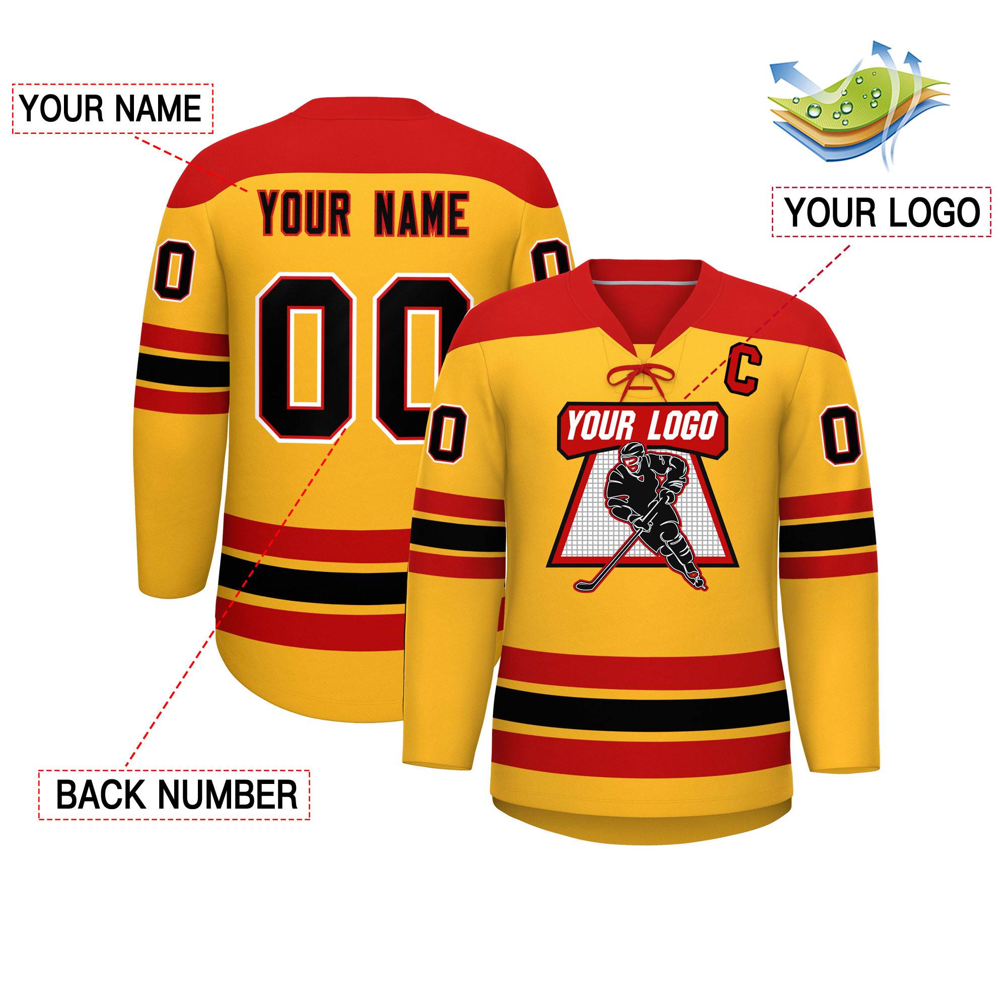 Custom Gold Red Black Personalized Classic Lace-Up Neck Hockey Jersey