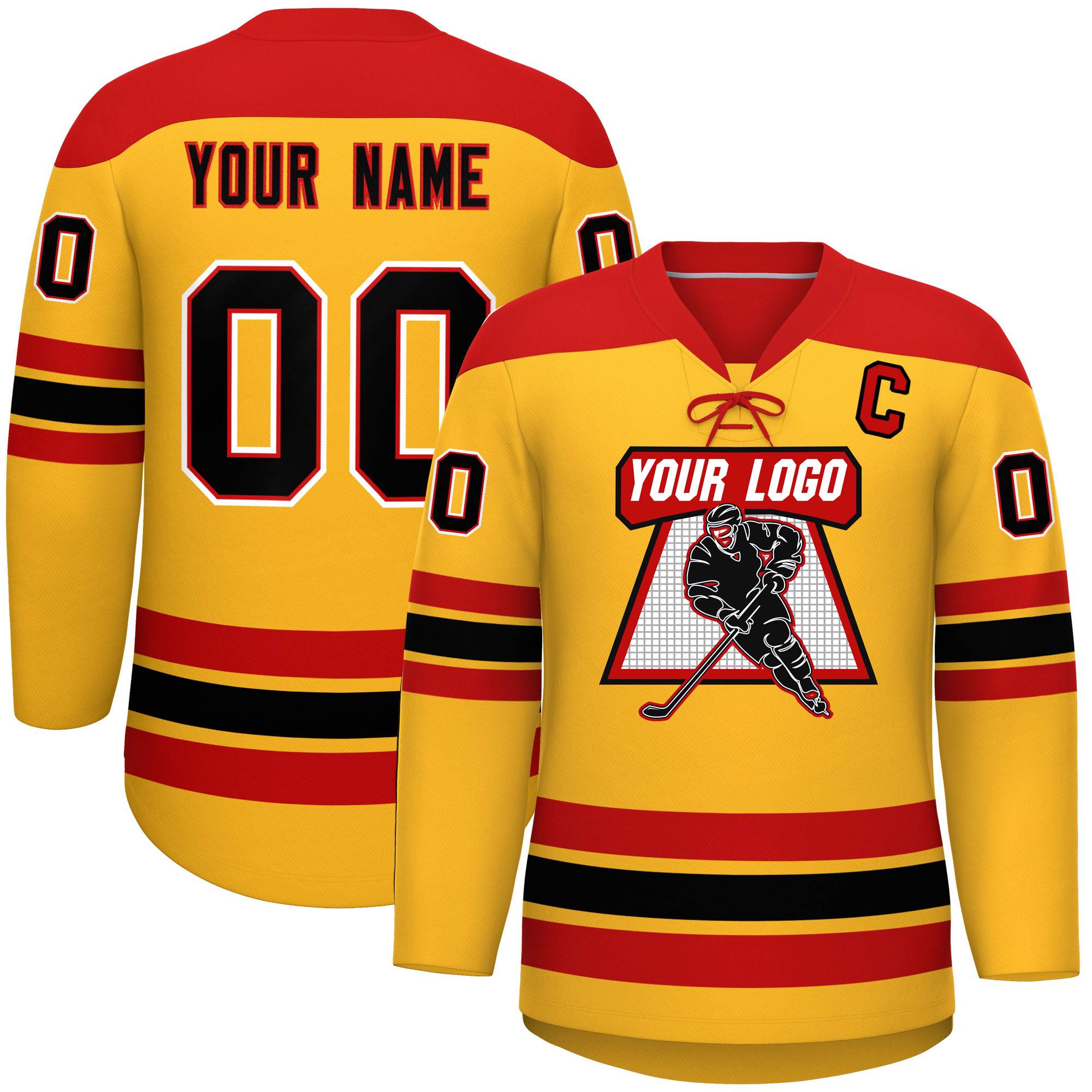 Custom Gold Red Black Personalized Classic Lace-Up Neck Hockey Jersey