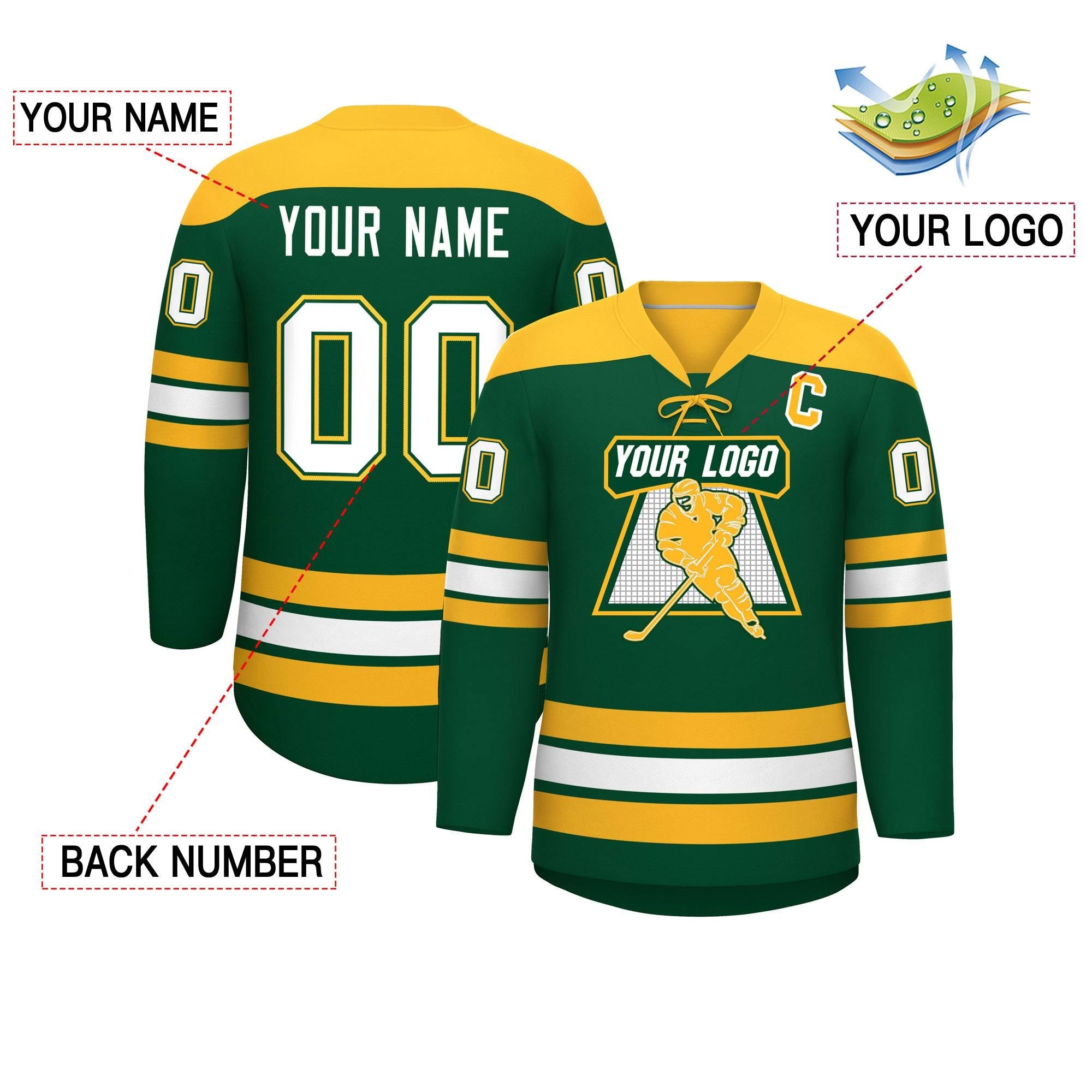 Custom Green Gold White Personalized Classic Lace-Up Neck Hockey Jersey