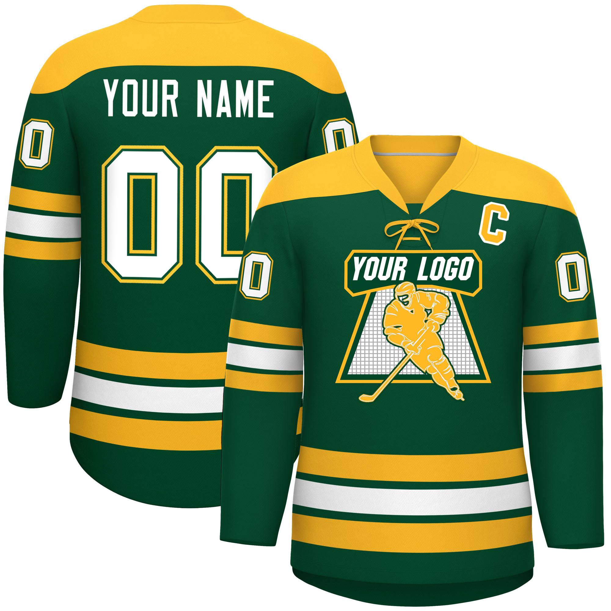 Custom Green Gold White Personalized Classic Lace-Up Neck Hockey Jersey