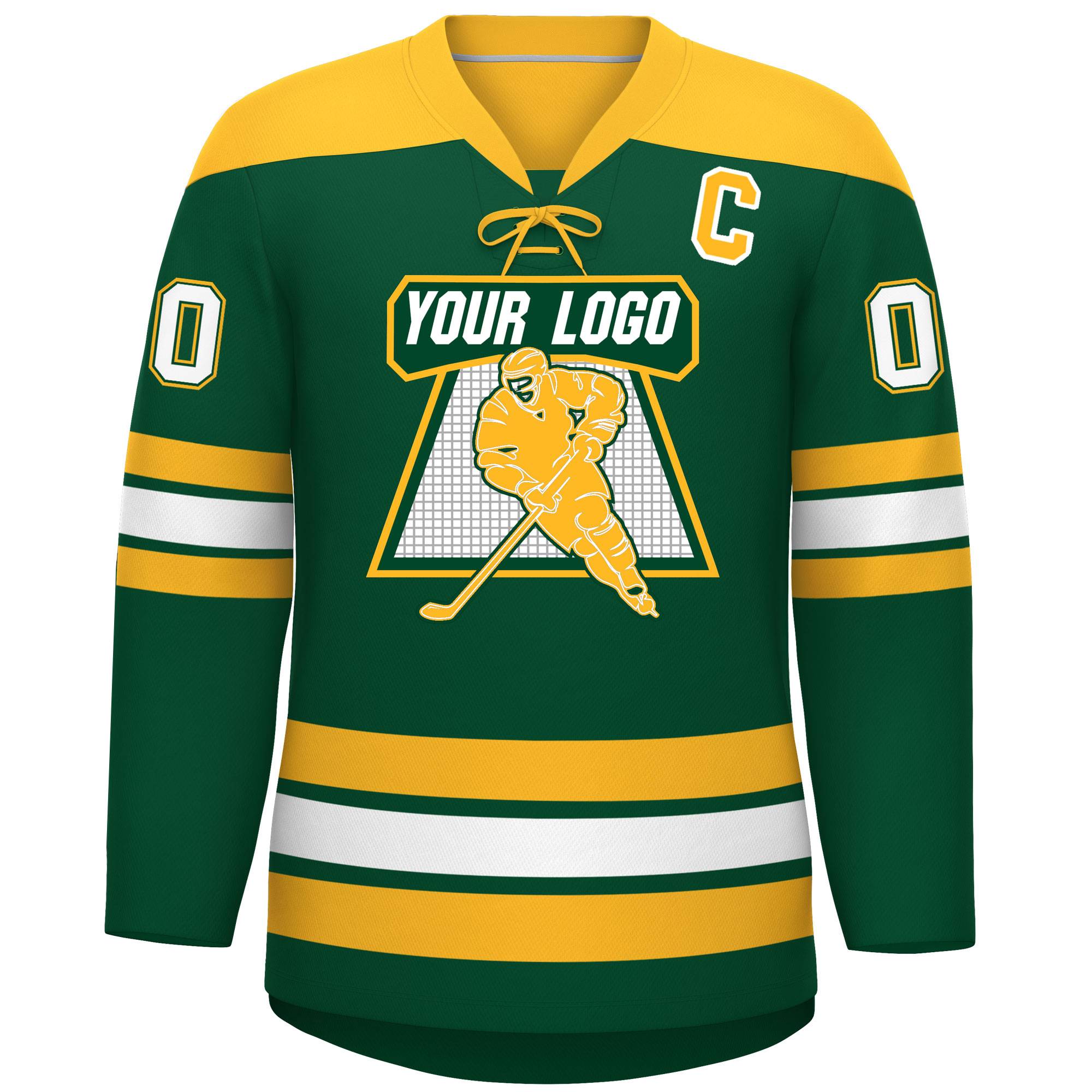 Custom Green Gold White Personalized Classic Lace-Up Neck Hockey Jersey