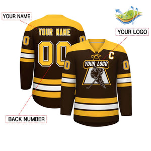 Custom Brown Gold White Personalized Classic Lace-Up Neck Hockey Jersey