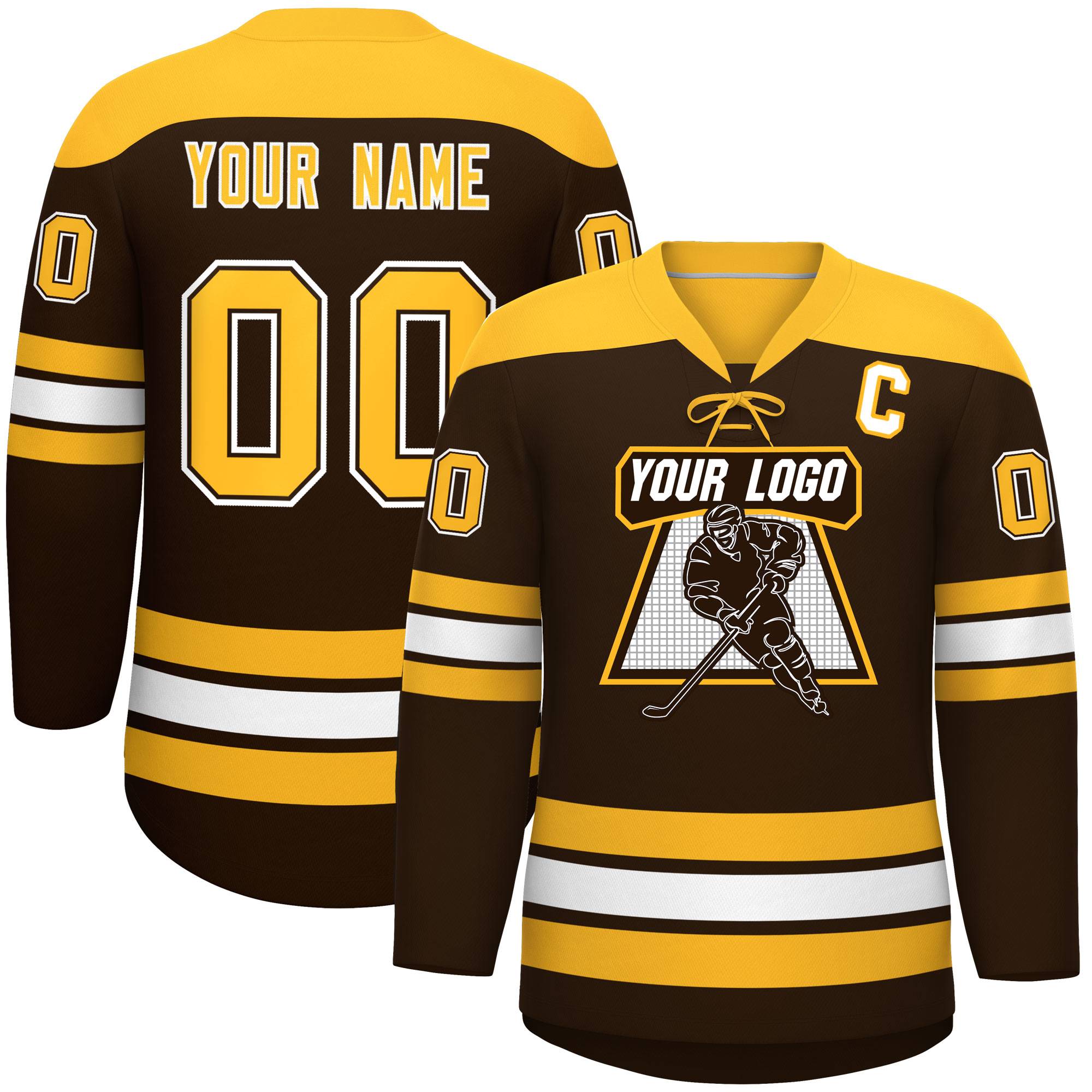 Custom Brown Gold White Personalized Classic Lace-Up Neck Hockey Jersey