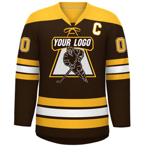 Custom Brown Gold White Personalized Classic Lace-Up Neck Hockey Jersey