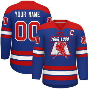 Custom Royal Red White Personalized Classic Lace-Up Neck Hockey Jersey