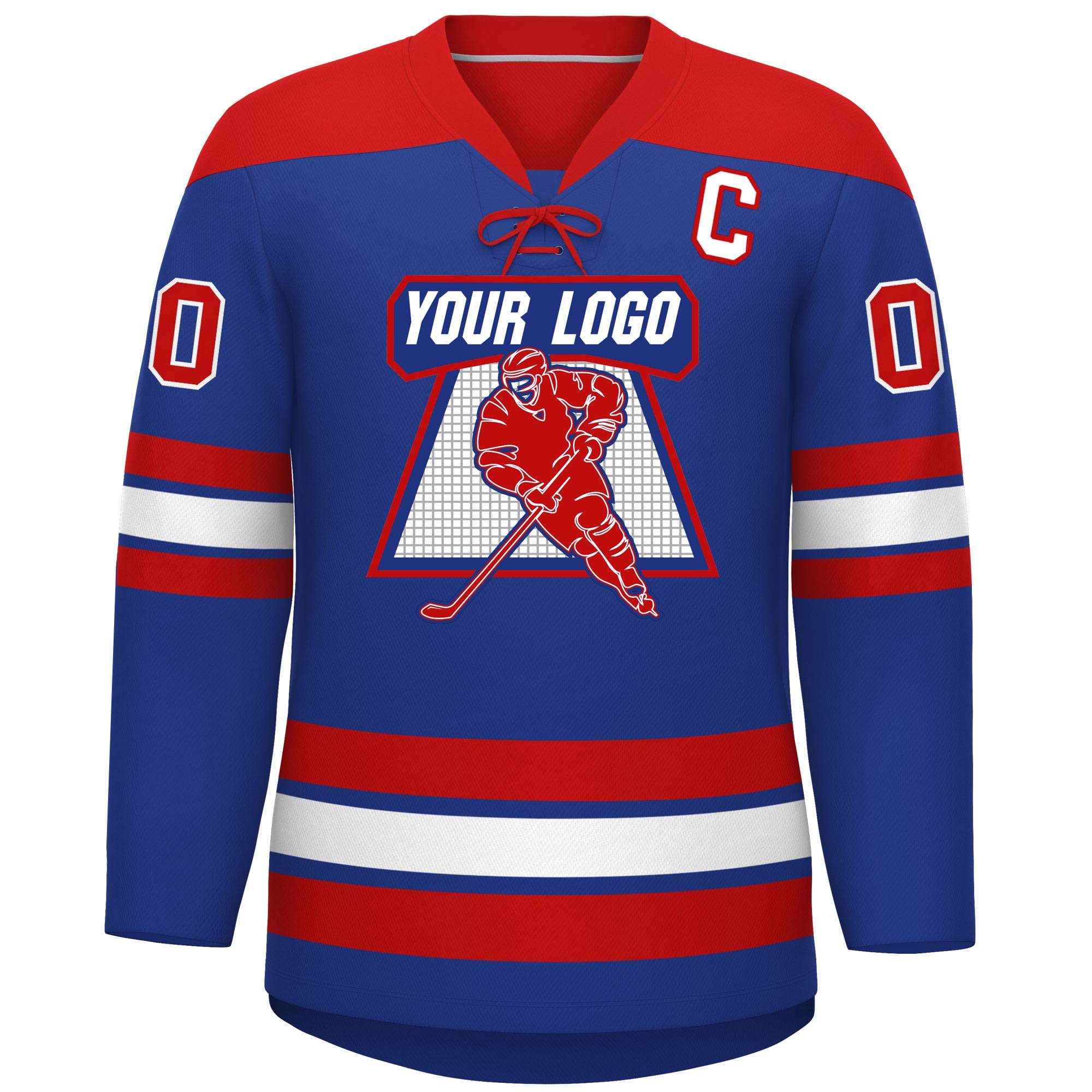 Custom Royal Red White Personalized Classic Lace-Up Neck Hockey Jersey