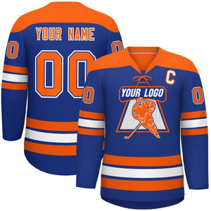 Custom Royal Orange White Personalized Classic Lace-Up Neck Hockey Jersey