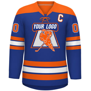 Custom Royal Orange White Personalized Classic Lace-Up Neck Hockey Jersey