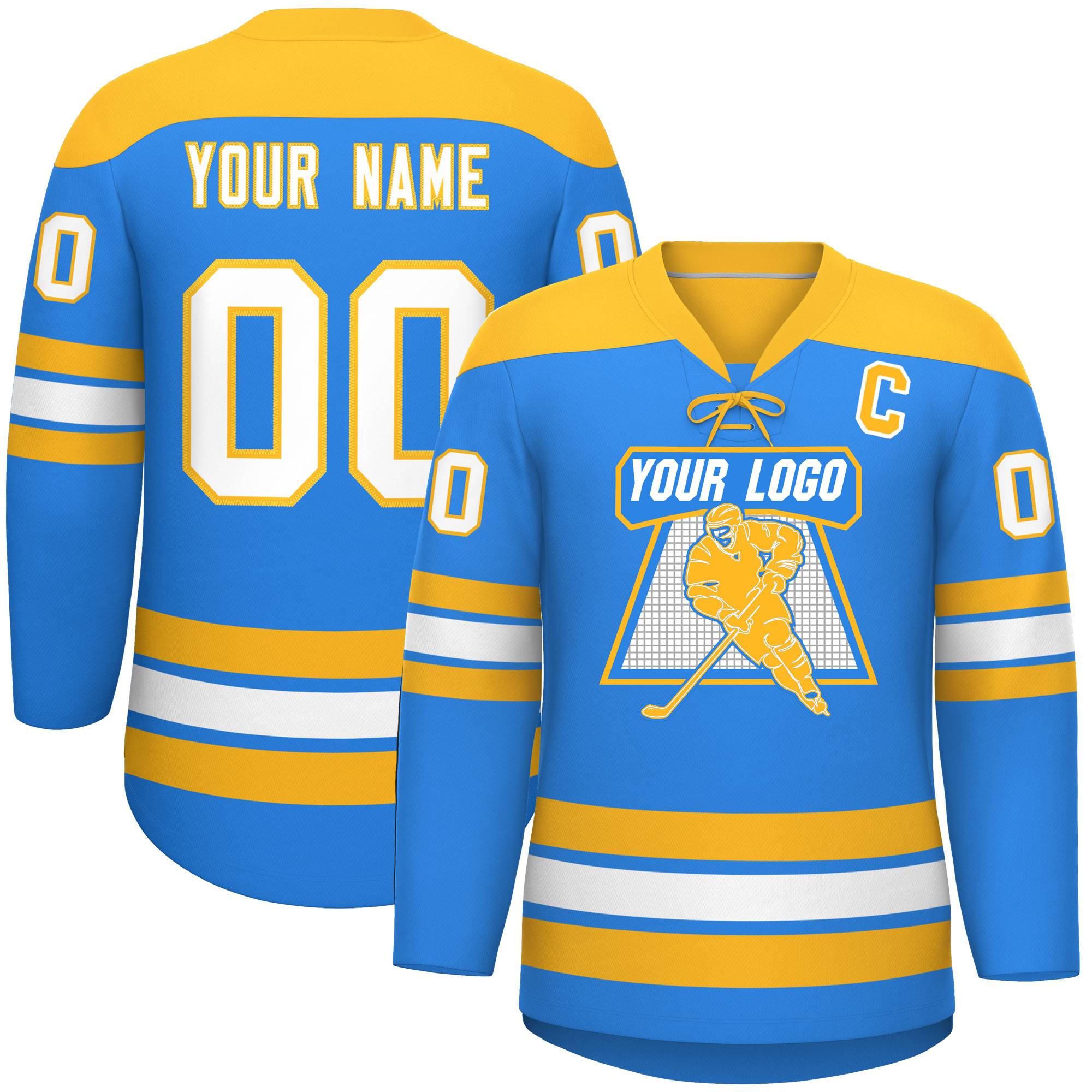 Custom Powder Blue Gold White Personalized Classic Lace-Up Neck Hockey Jersey