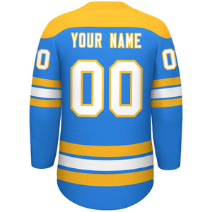 Custom Powder Blue Gold White Personalized Classic Lace-Up Neck Hockey Jersey