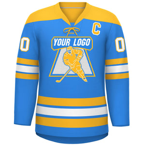 Custom Powder Blue Gold White Personalized Classic Lace-Up Neck Hockey Jersey