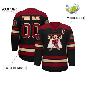 Custom Black Crimson Khaki Personalized Classic Lace-Up Neck Hockey Jersey